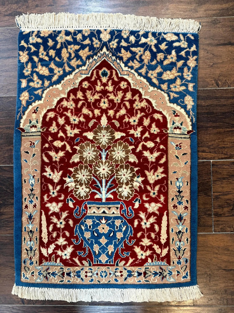Small Persian Nain Rug, Persian Vase Tree of Life Design, Red and Blue, Very Fine 260 KPSI, Wool and Silk Highlights by Jewel Rugs