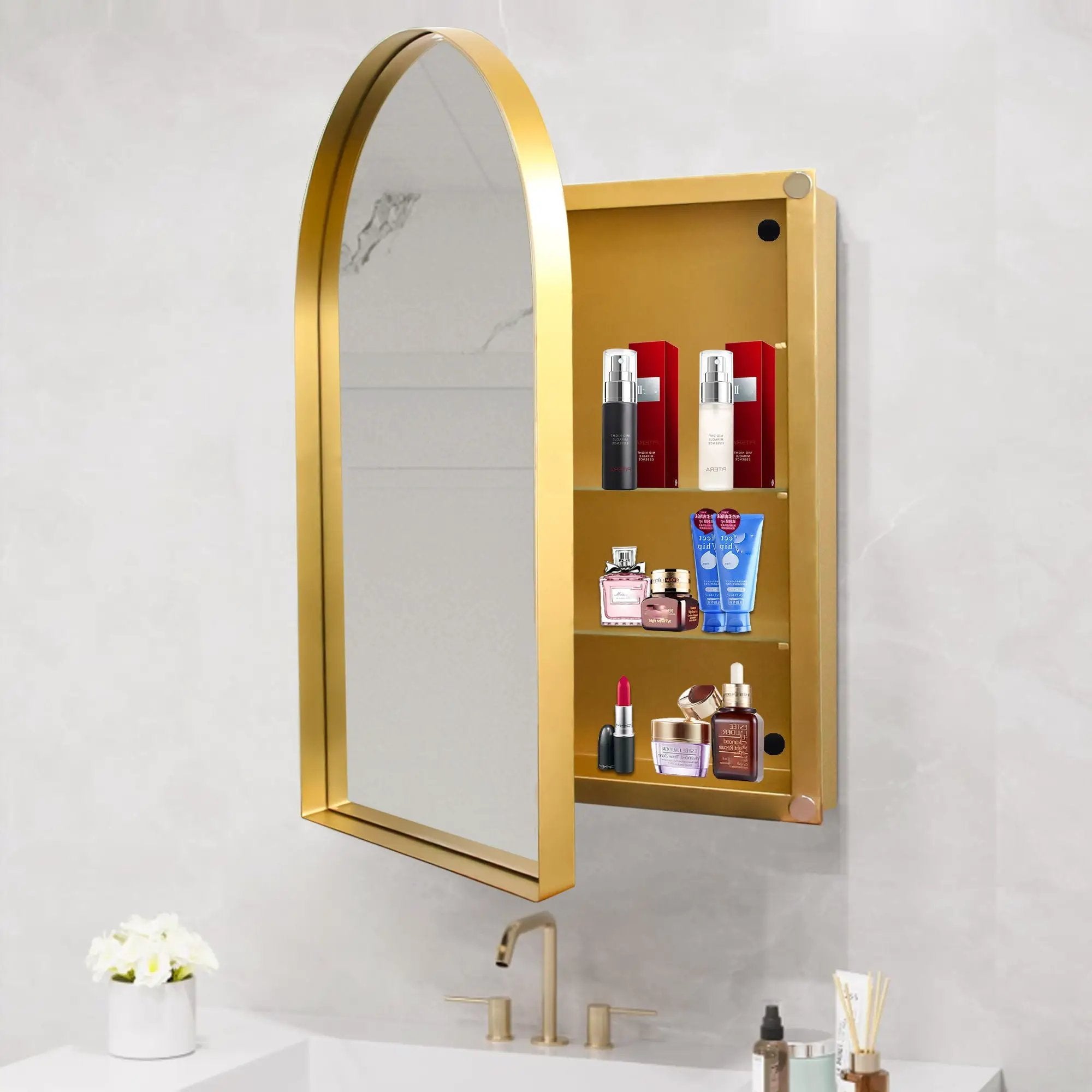 Arched Recessed Medicine Cabinet, Metal Framed Bathroom Wall Cabinet With Mirror And Adjustable Shelves, Wall Mirror With Storage For Bathroom by Unique Piece Furniture