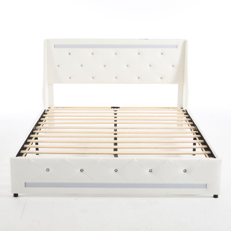Wingback Upholstered Bed Frame With LED Lights, Charging Station by HouseOfZazla
