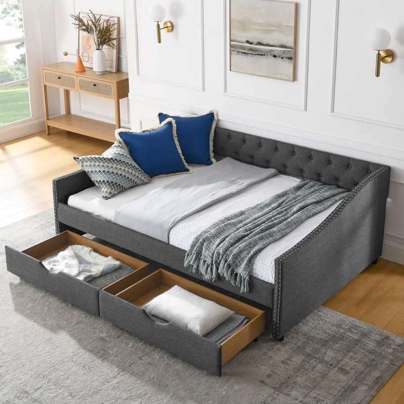 Upholstered Tufted Daybed With 2 Drawers, Waved Arms by Unique Piece Furniture