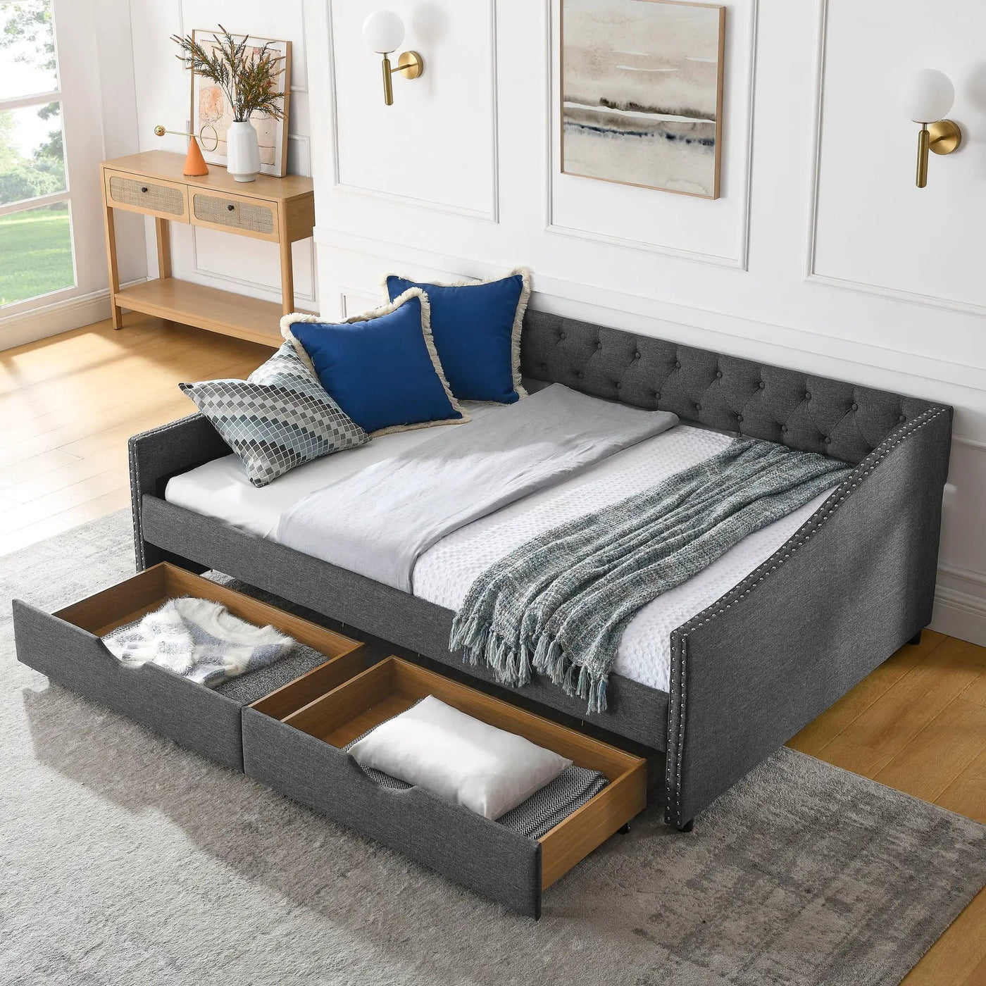 Upholstered Tufted Daybed With Drawers, Waved Arms by Unique Piece Furniture