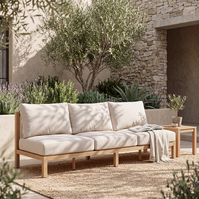 73.23" Outdoor Acacia Wood Frame Rope-Braided Backrest Three-Seater Sofa by HouseOfZazla
