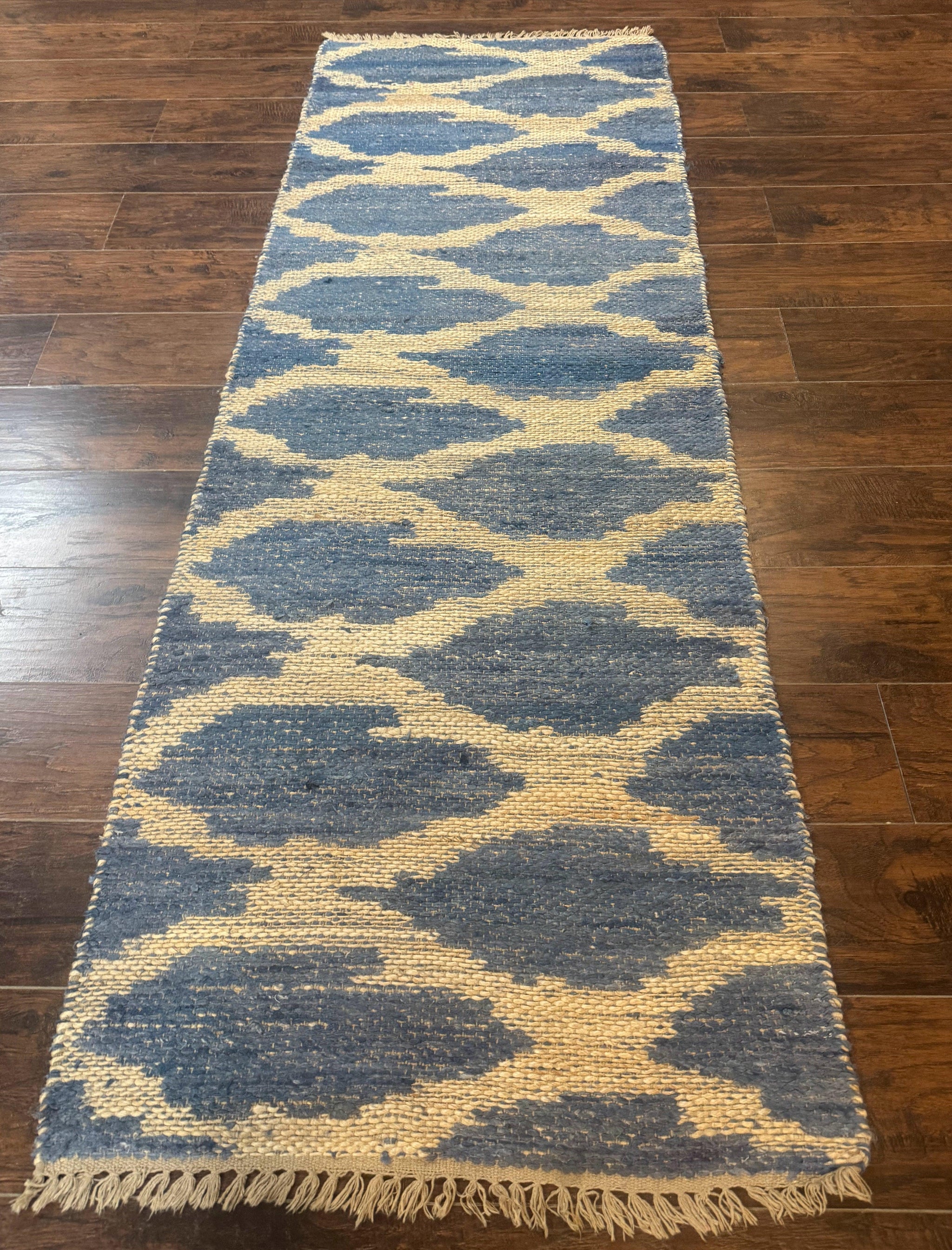 Modern Jute Runner Rug 2.9 x 7.9, Beige and Blue, Handwoven, Kaleen Rug by Jewel Rugs