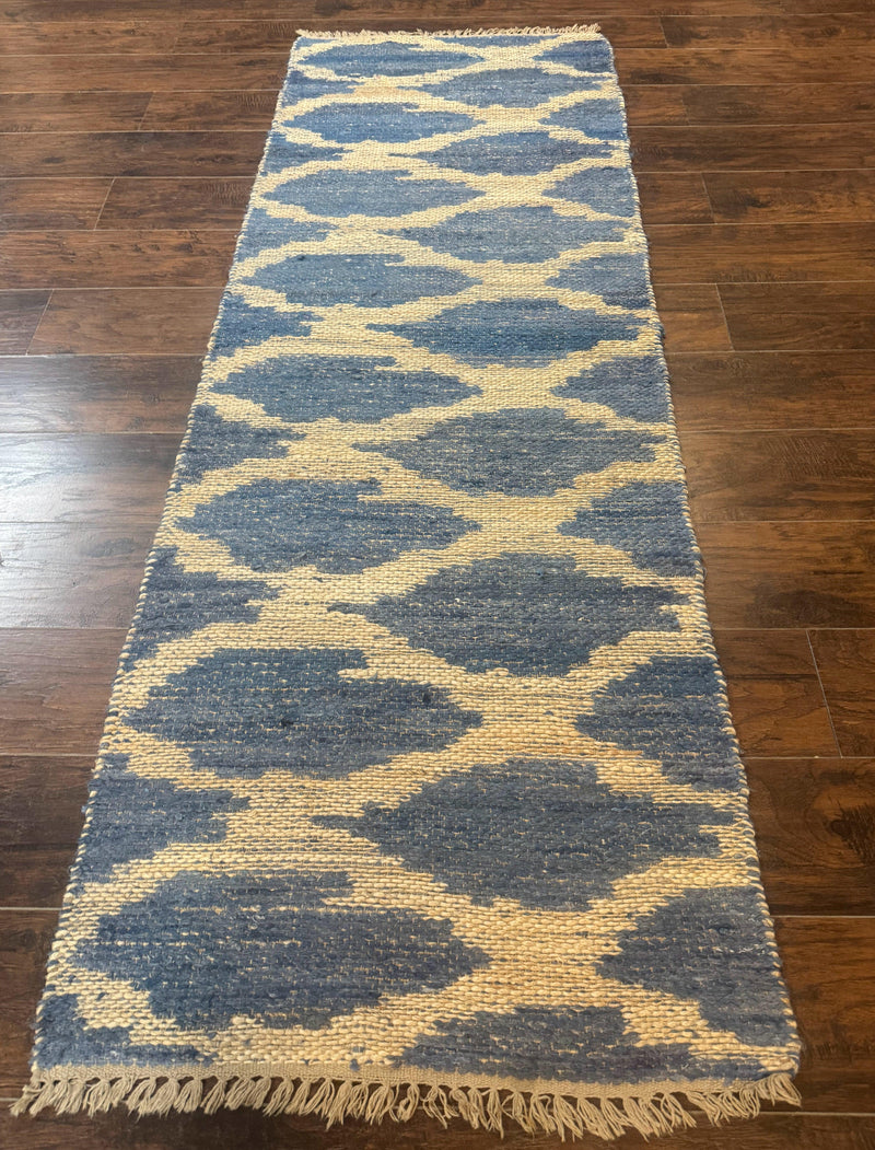 Modern Jute Runner Rug 2.9 x 7.9, Beige and Blue, Handwoven, Kaleen Rug by Jewel Rugs