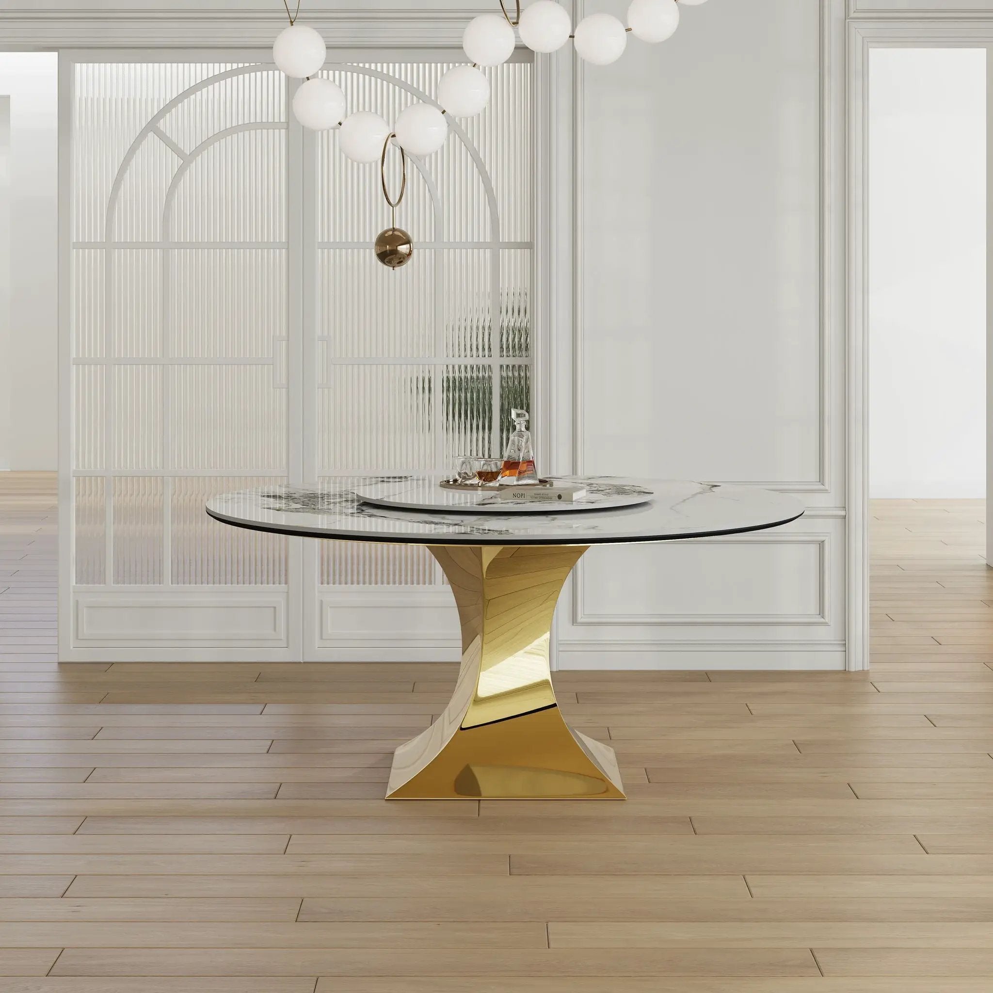 Luxury Round 59" Sintered Stone Dining Table With Stainless Steel Hourglass Base, Scratch & Heat Resistant Surface - Golden / White by Unique Piece Furniture
