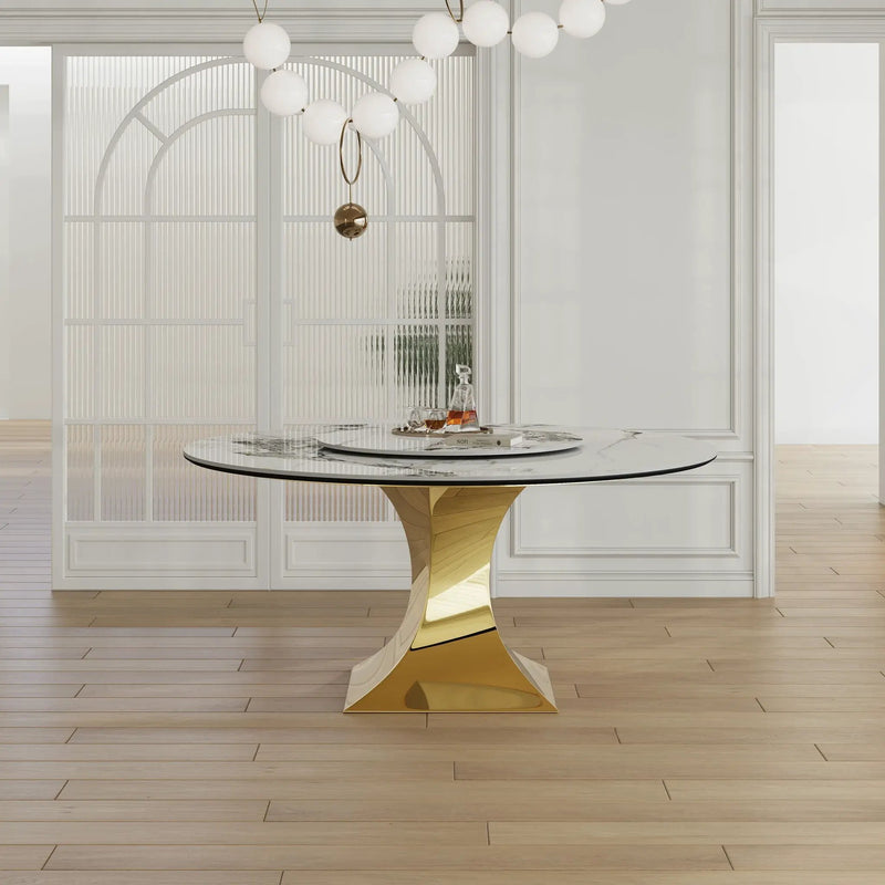 Luxury Round 59" Sintered Stone Dining Table With Stainless Steel Hourglass Base, Scratch & Heat Resistant Surface - Golden / White by Unique Piece Furniture