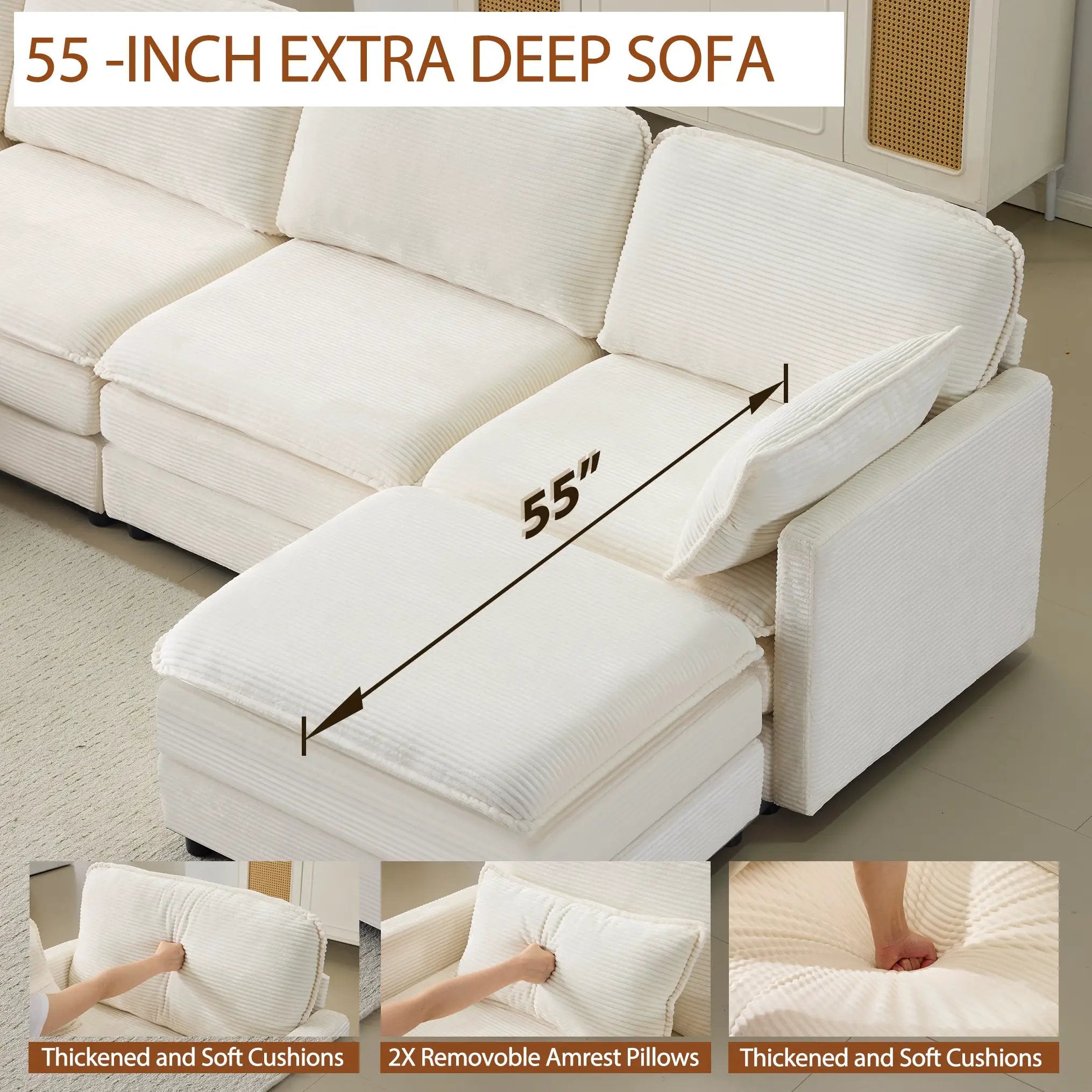 136" Plush Cloud 3-seater Sofa: Modular Design with Footstools by HouseOfZazla