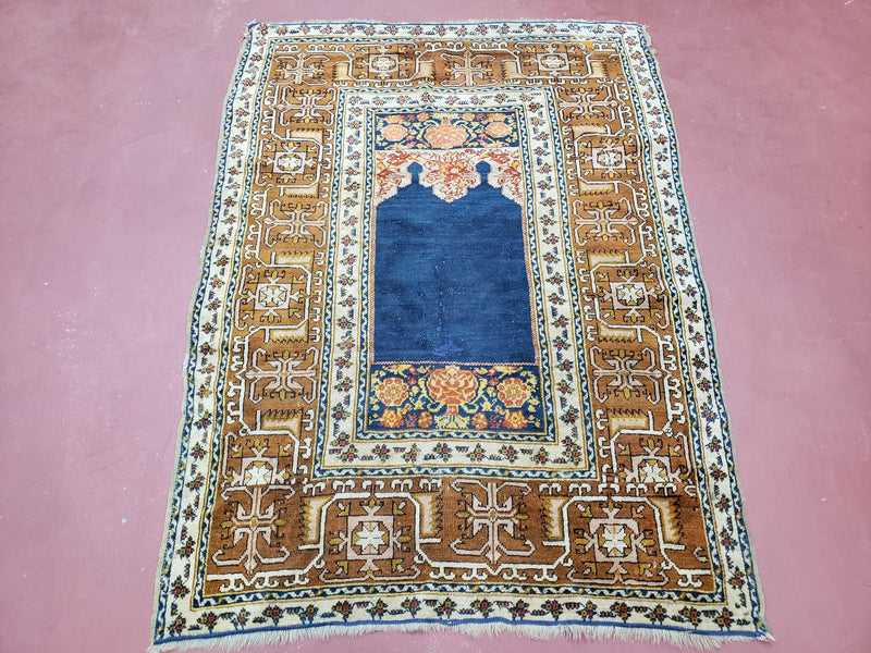 Antique Turkish Anatolian Ghiordes Prayer Rug, Twin Mihrabs, Rare Collectible Oriental Rug, Early 20th Century Prayer Rug, 3'9" x 5'2" by Jewel Rugs