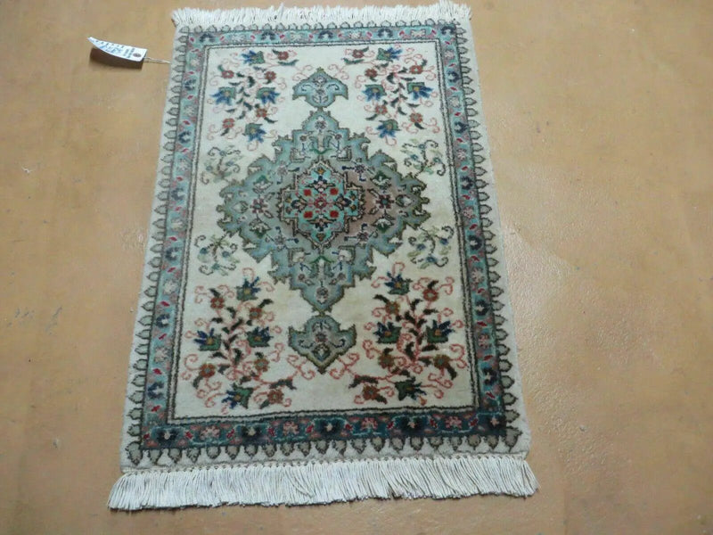 1' 9" X 2' 5" Handmade Indian Wool Rug Lahore Floral Design Small Oriental Rug Beige & Teal by Jewel Rugs