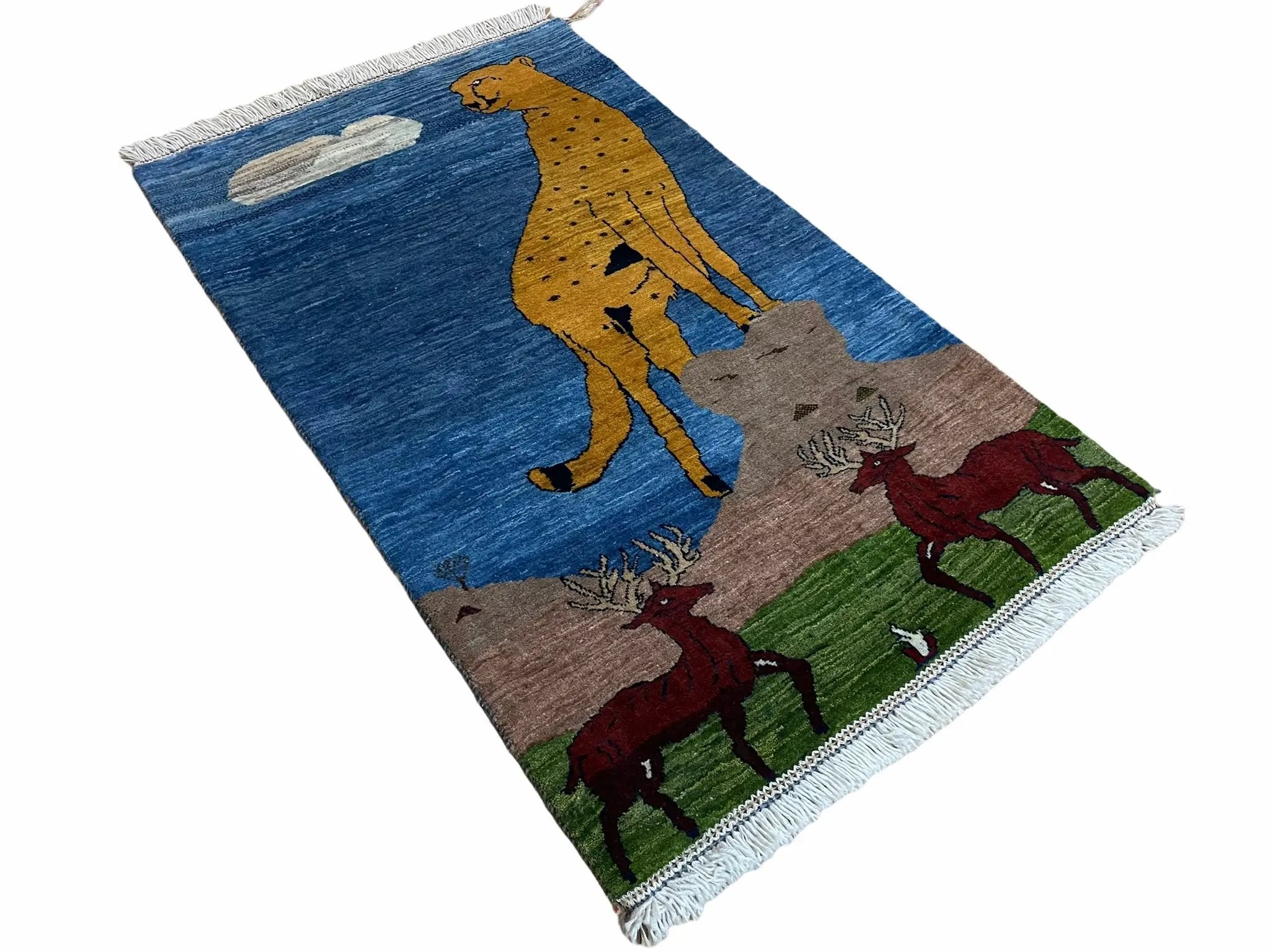 3 x 5 Handmade New Vintage Wool Blue Rug Leopard Lion Jaguar Deer Organic Dyes by Jewel Rugs