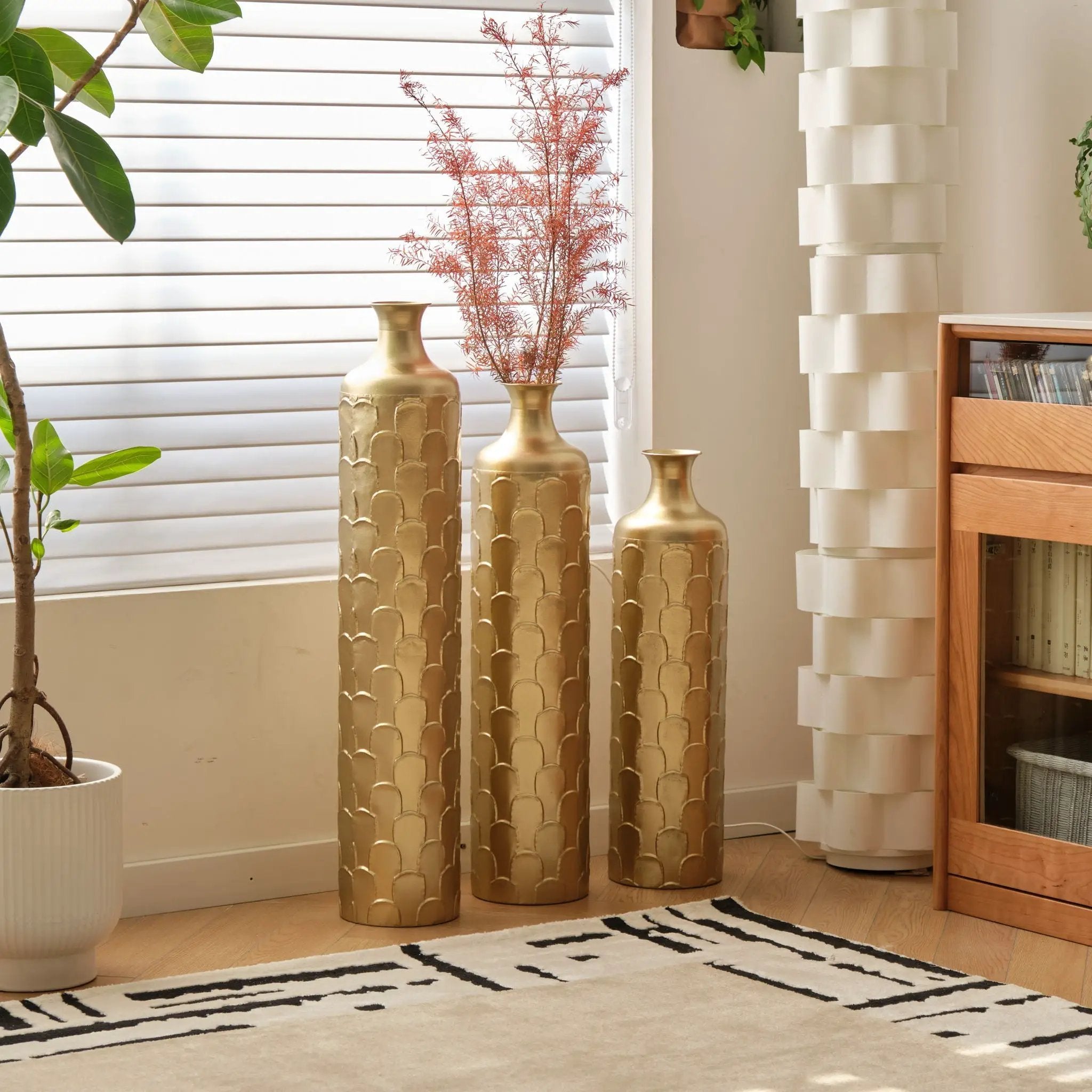 Floor Metal Vases Decorated White Metal Vases (Set of 3) Gorgeous Home Decoration Large Glazed Metal Vases - Golden by HouseOfZazla