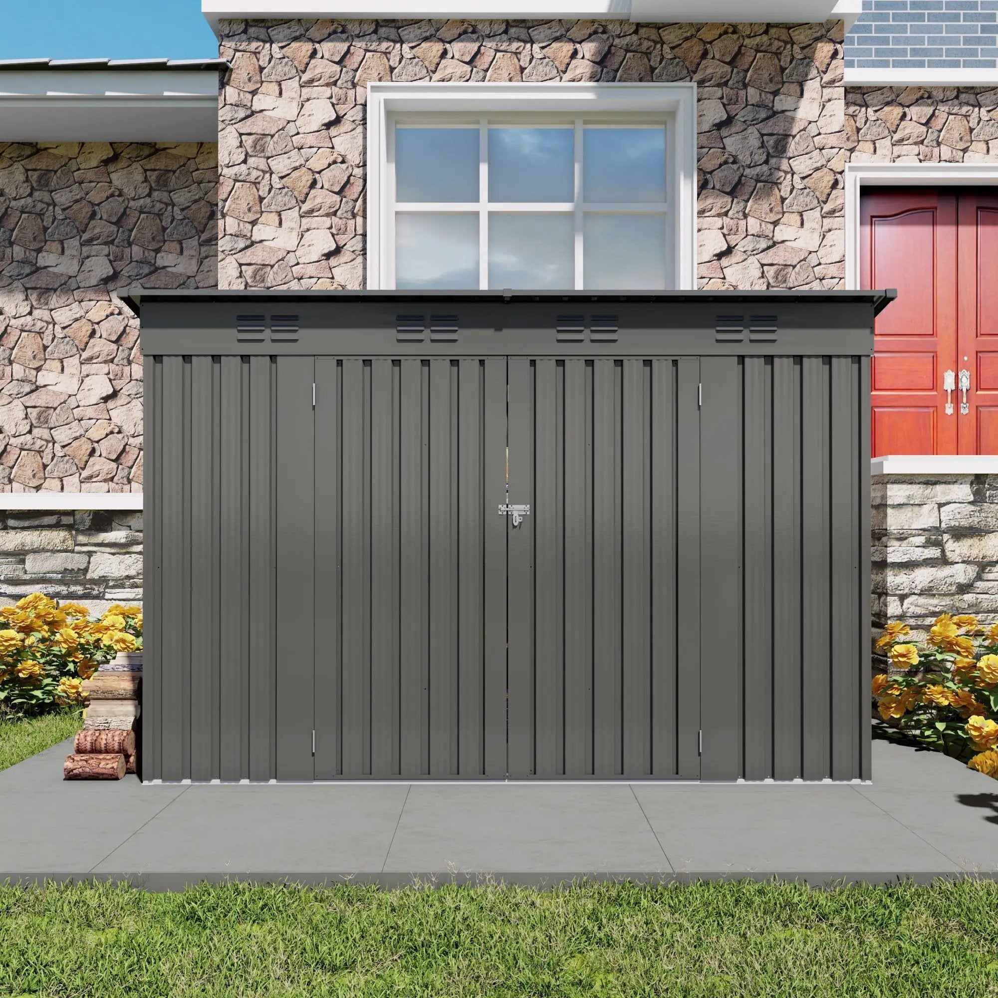 Outdoor Storage Shed, Tool House With Sloping Roof, 6 Vents And 2 Swing Doors For Backyard - Gray by HouseOfZazla