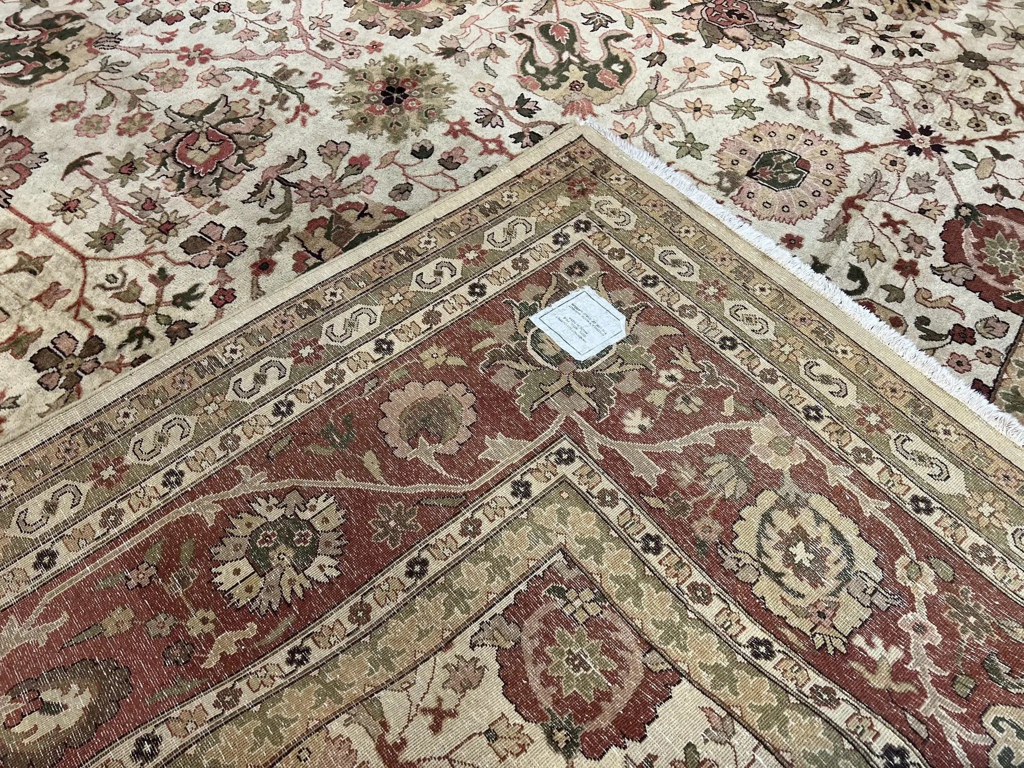 Large Indian Rug 10x14, Hand Knotted Indo Persian Gandehar Oriental Carpet, Vintage Wool Rug 10 x 14 ft Cream Red Floral Allover Traditional by Jewel Rugs