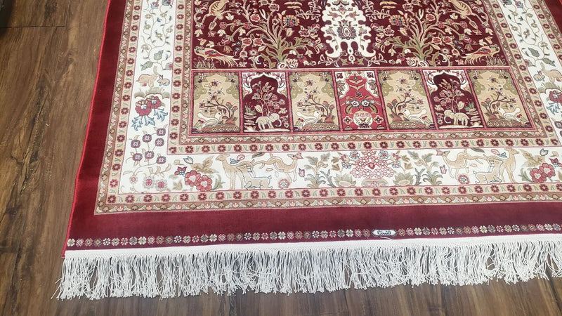 Silk Carpet 4x6 Dark Red & Cream, Tree of Life Rug, Animal Motifs, Birds Deer Rabbits, All Bamboo Silk, 4 x 6 Silk Area Rug by Jewel Rugs
