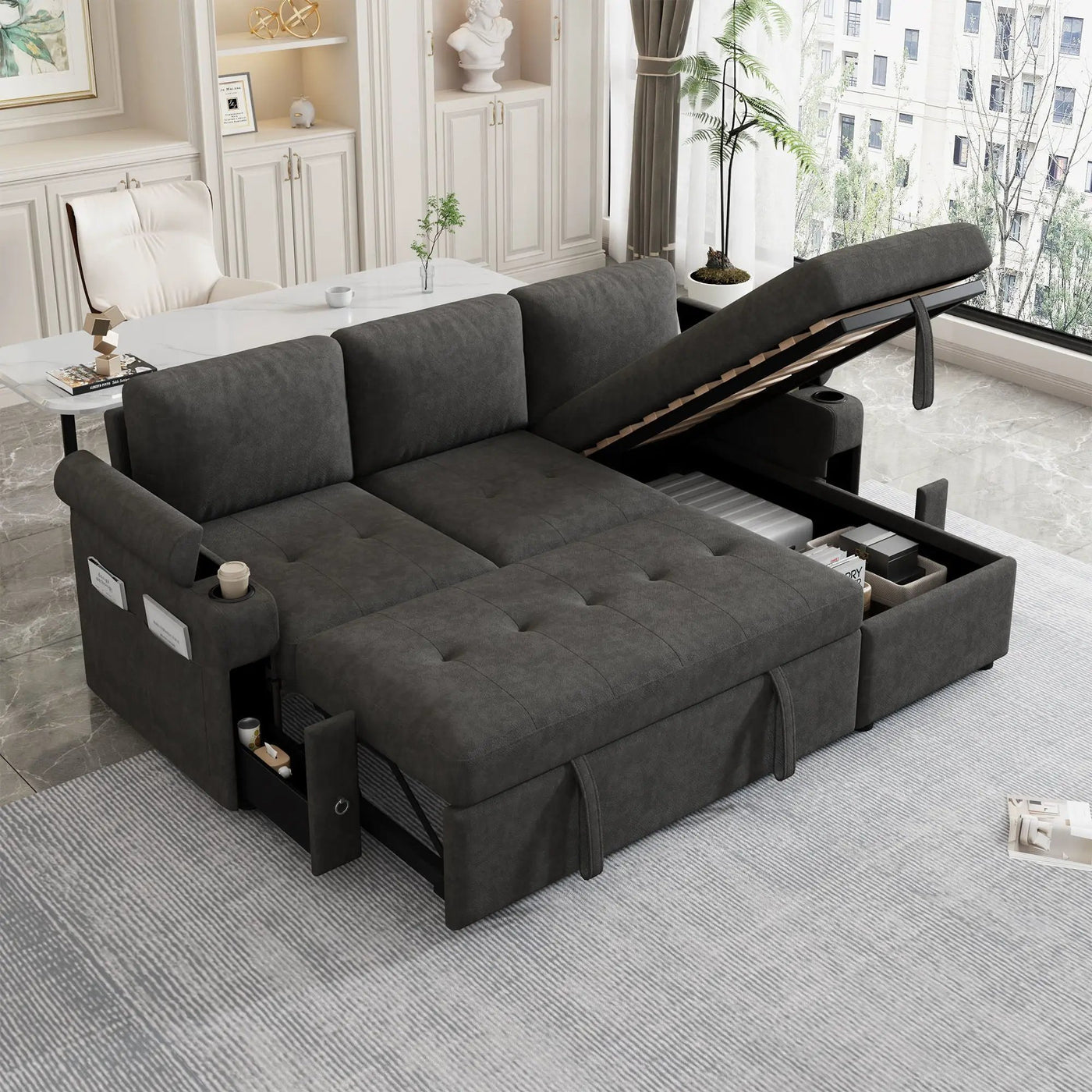 Convertible L Shaped Sofa Couch With Storage, Cup Holders, USB Ports by Unique Piece Furniture