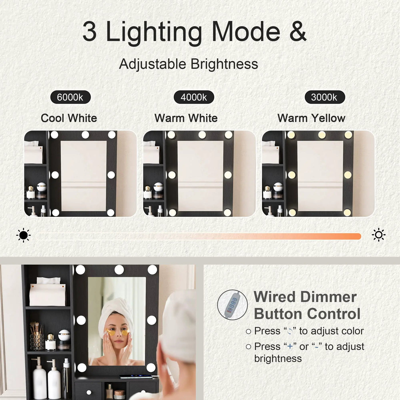 Vanity Table With Mirror, Adjustable LED Lights, Power Outlet, Hairdryer Holder & Stool by Unique Piece Furniture