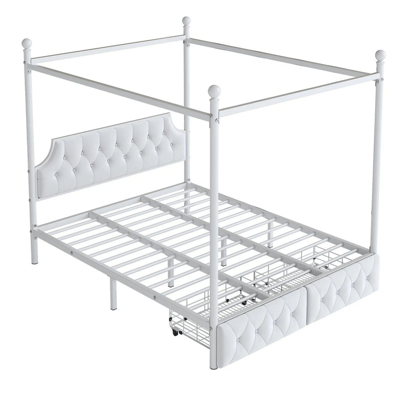 Queen Size Canopy Platform Bed With Upholstered Headboard And 2 Storage Drawers - White by HouseOfZazla