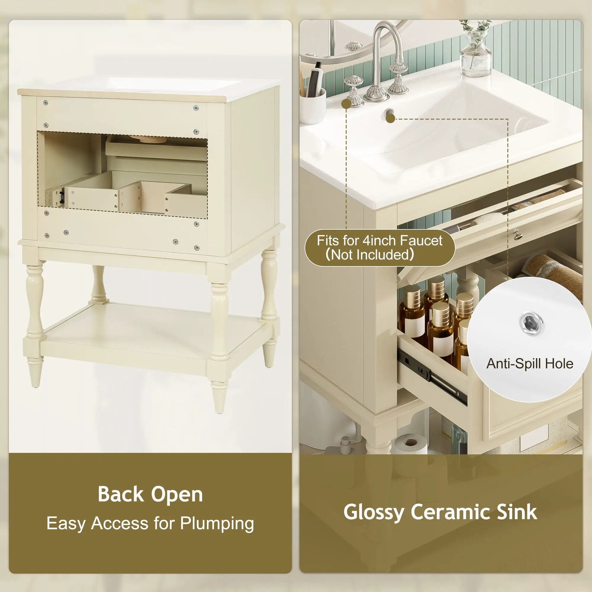 Bathroom Vanity With Sink, 2 Drawers Storage Cabinet, Open Shelf by Unique Piece Furniture