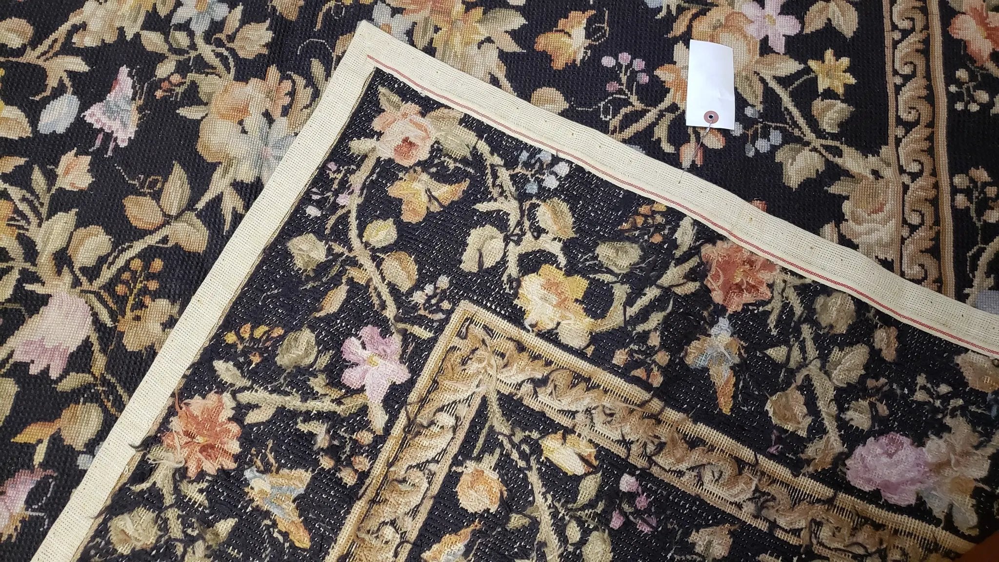 6x9 Vintage Needlepoint Rug, Petitepoint Carpet, Butterflies Floral Design by Jewel Rugs