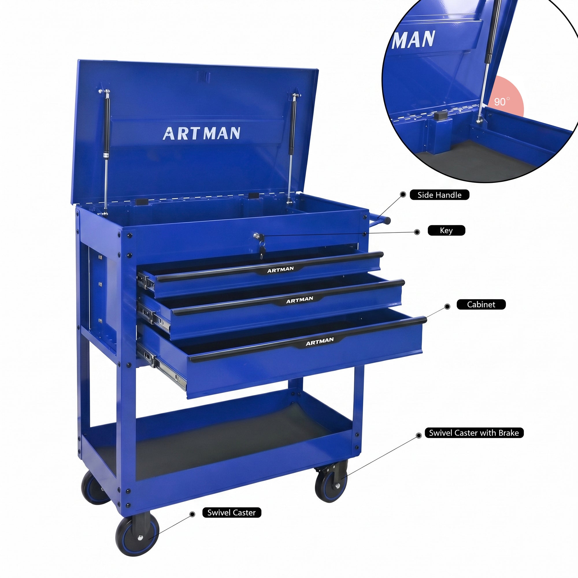 3 Drawers Multifunctional Tool Cart with Wheels and Steel Top - Blue & Black by HouseOfZazla