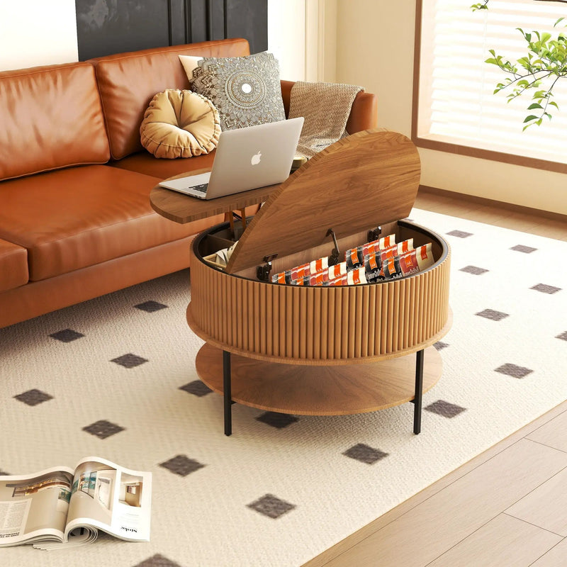 Lift Top Coffee Table with Round Storage and Reinforced Legs - Brown by HouseOfZazla
