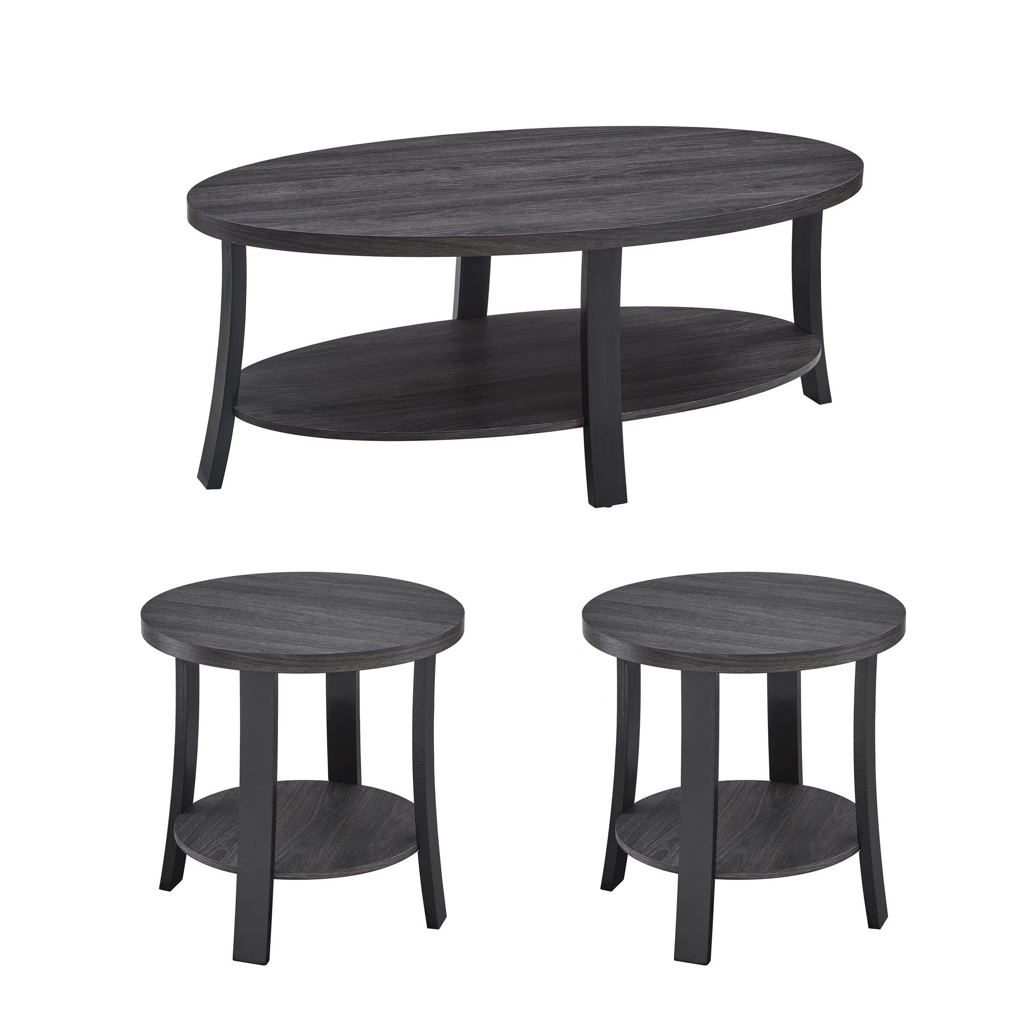 Anze - 3 Piece Coffee Table Set Contemporary Oval Wood Shelf - Charcoal by HouseOfZazla