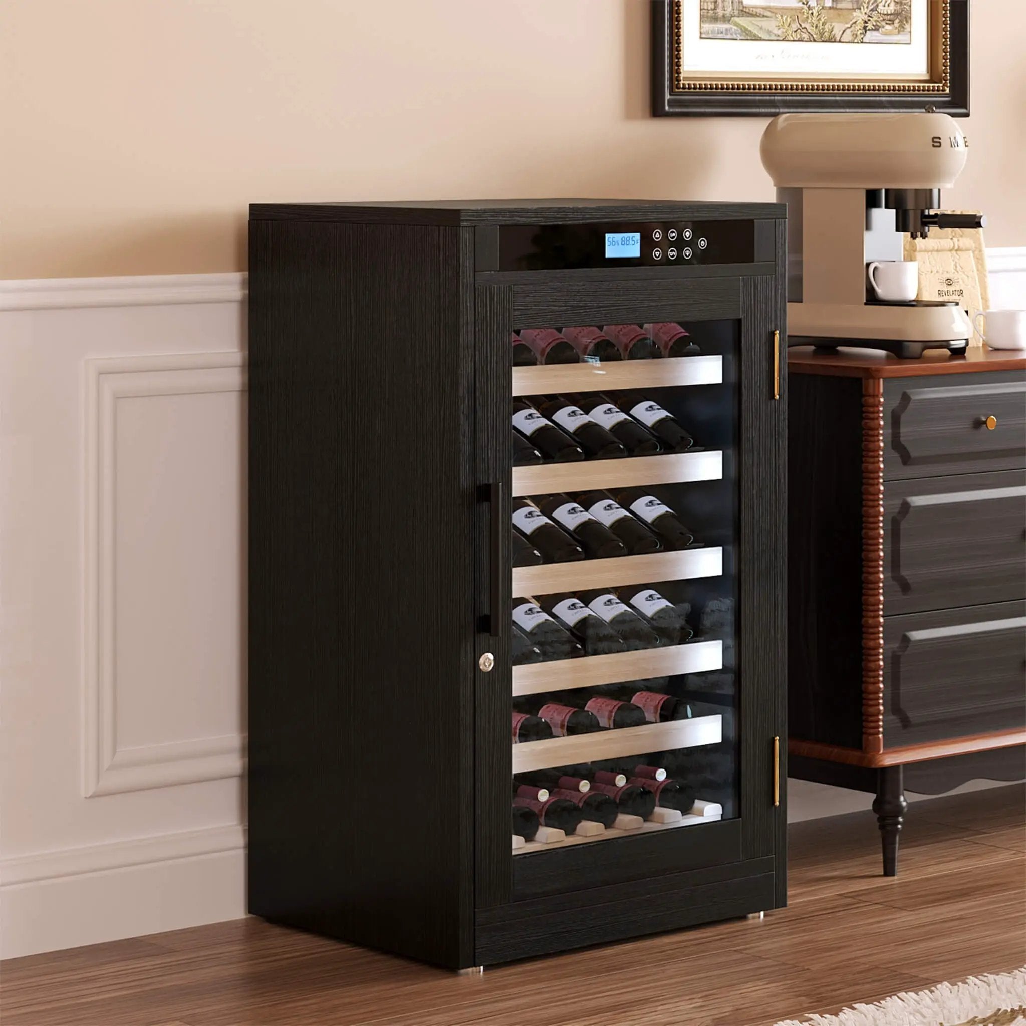 Nuvia 69-Bottle 7.6 Cu.Ft Freestanding Smart Wooden Wine Cooler With LED Touch Display (SAK24861) by SAKSBY WHOLESALE