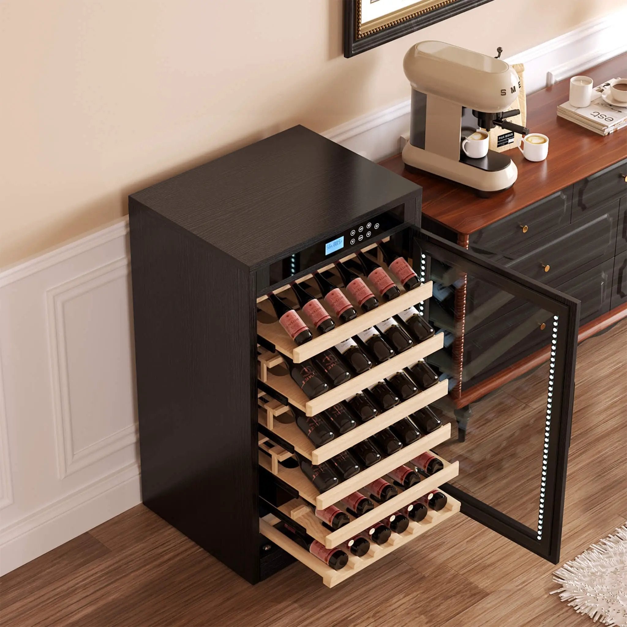 Nuvia 69-Bottle 7.6 Cu.Ft Freestanding Smart Wooden Wine Cooler With LED Touch Display (SAK24861) by SAKSBY WHOLESALE