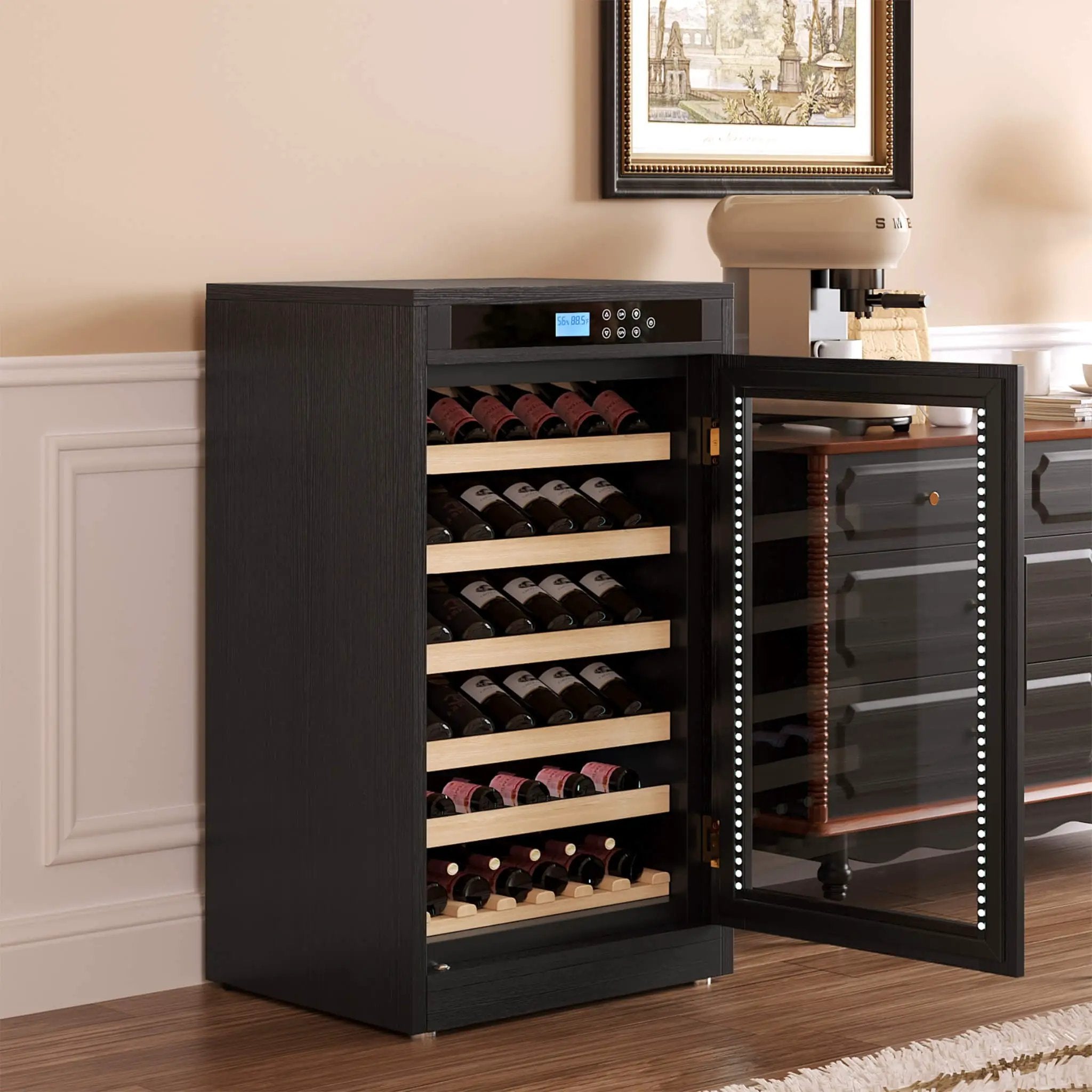 Nuvia 69-Bottle 7.6 Cu.Ft Freestanding Smart Wooden Wine Cooler With LED Touch Display (SAK24861) by SAKSBY WHOLESALE