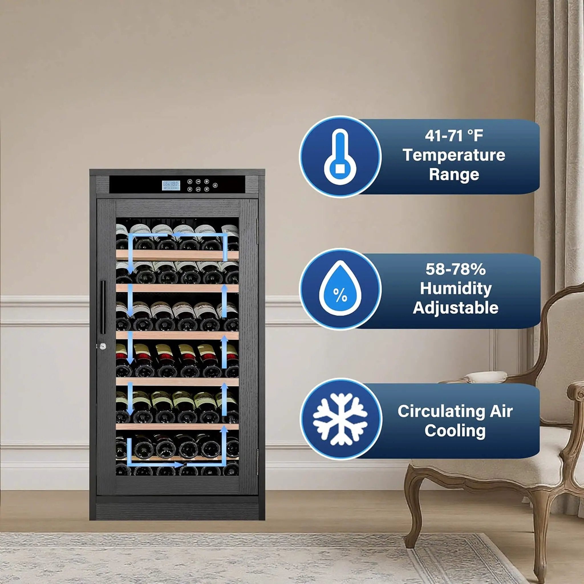 Nuvia 69-Bottle 7.6 Cu.Ft Freestanding Smart Wooden Wine Cooler With LED Touch Display (SAK24861) by SAKSBY WHOLESALE