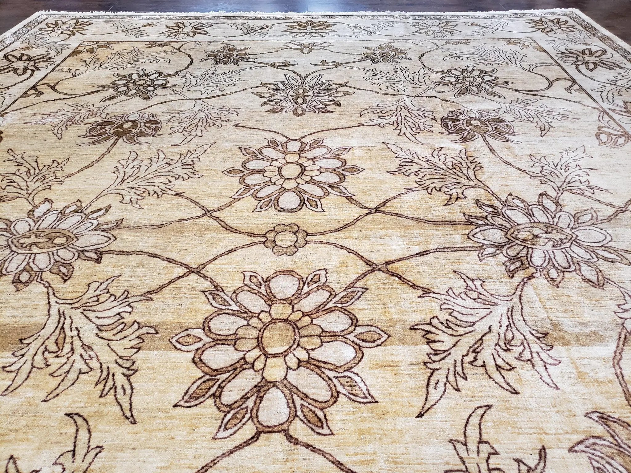 Oversized Peshawar Chobi Oushak Area Rug 11.6 x 12.5, Wool Hand-Knotted Light Gold & Ivory Decorative Pakistani Floral Carpet, 11x12 - 12x13 by Jewel Rugs