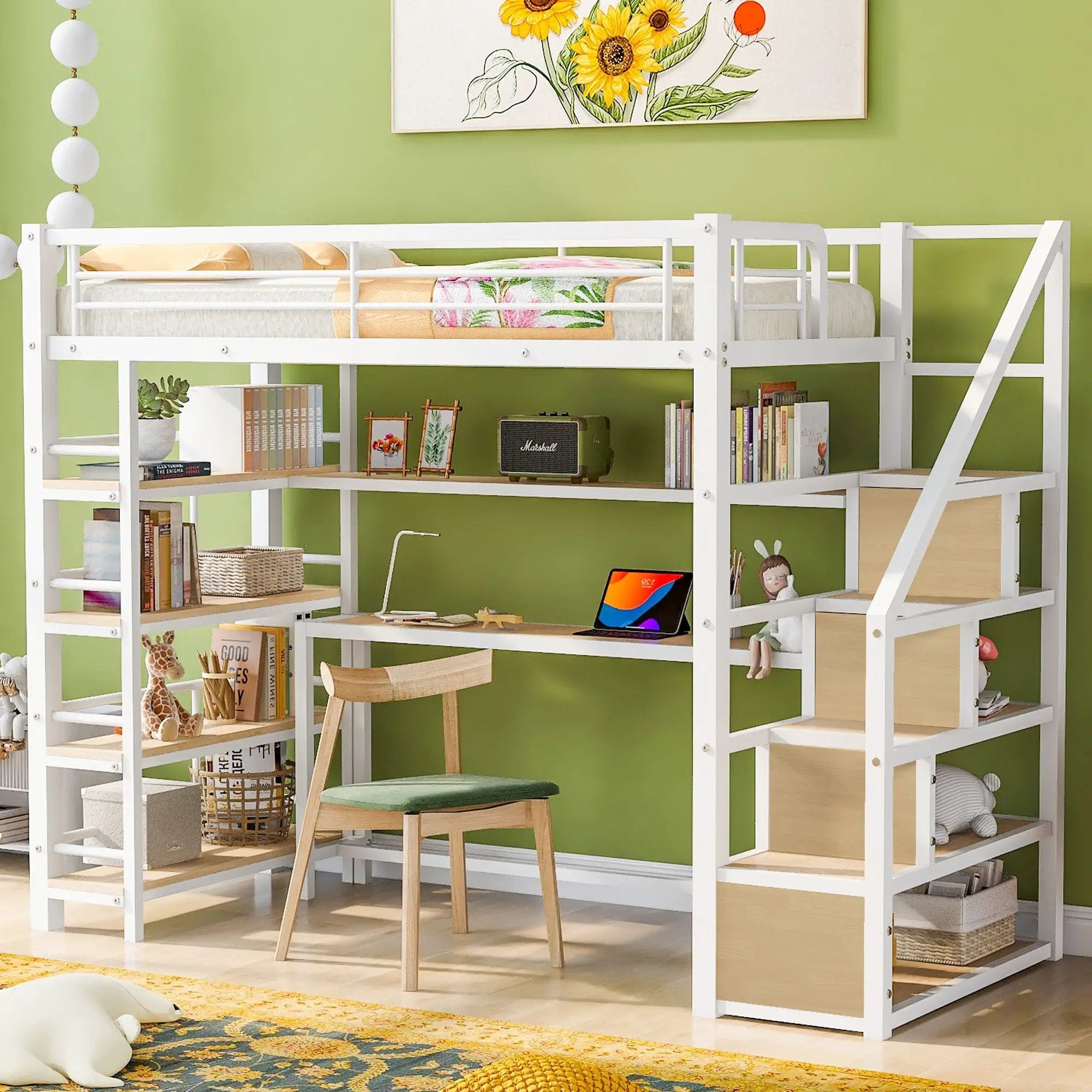 Twin Size Loft Bed With Built In Desk, Staircase Storage & 4 Tier Shelves - White by Unique Piece Furniture