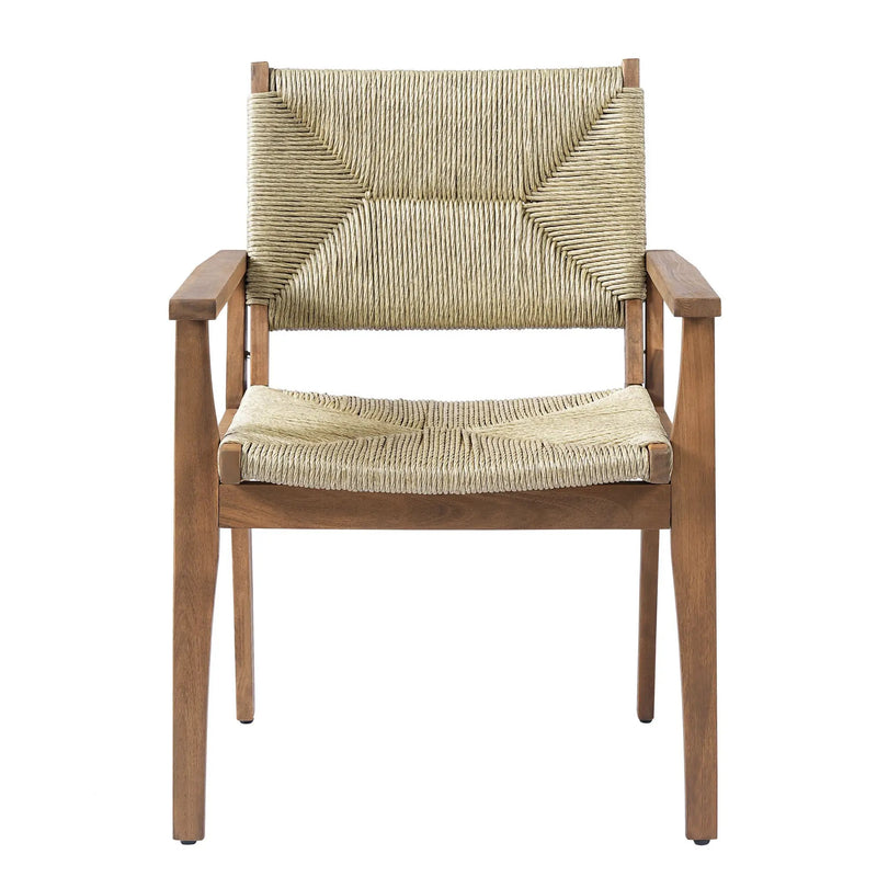 5-Piece Outdoor Dining Set: Teak Finish Round Acacia Wood Table & 4 Wicker Armchairs by HouseOfZazla