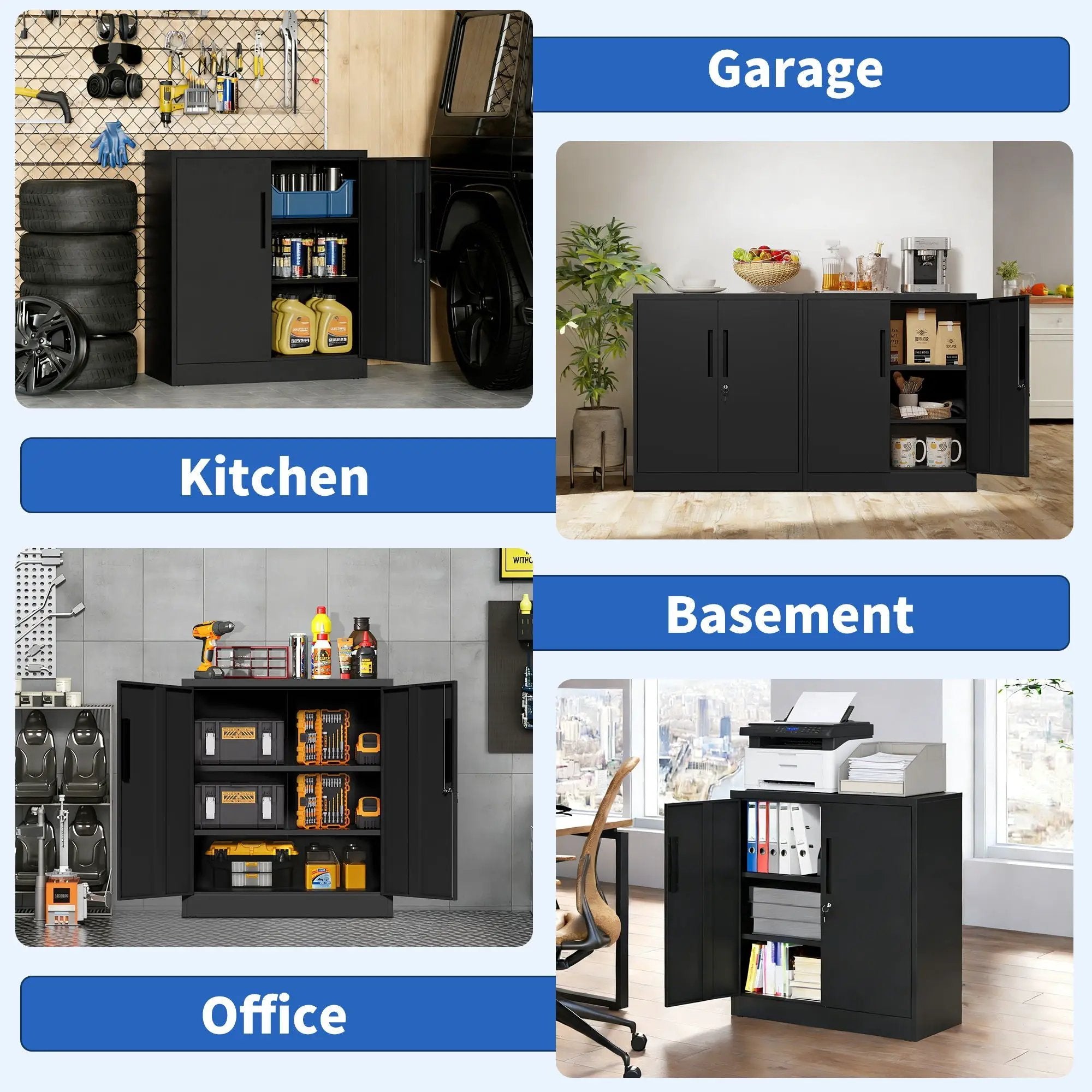 Heavy Duty Storage Cabinet With Lock, 2 Door File Cabinet With 2 Adjustable Shelves - Black by Unique Piece Furniture