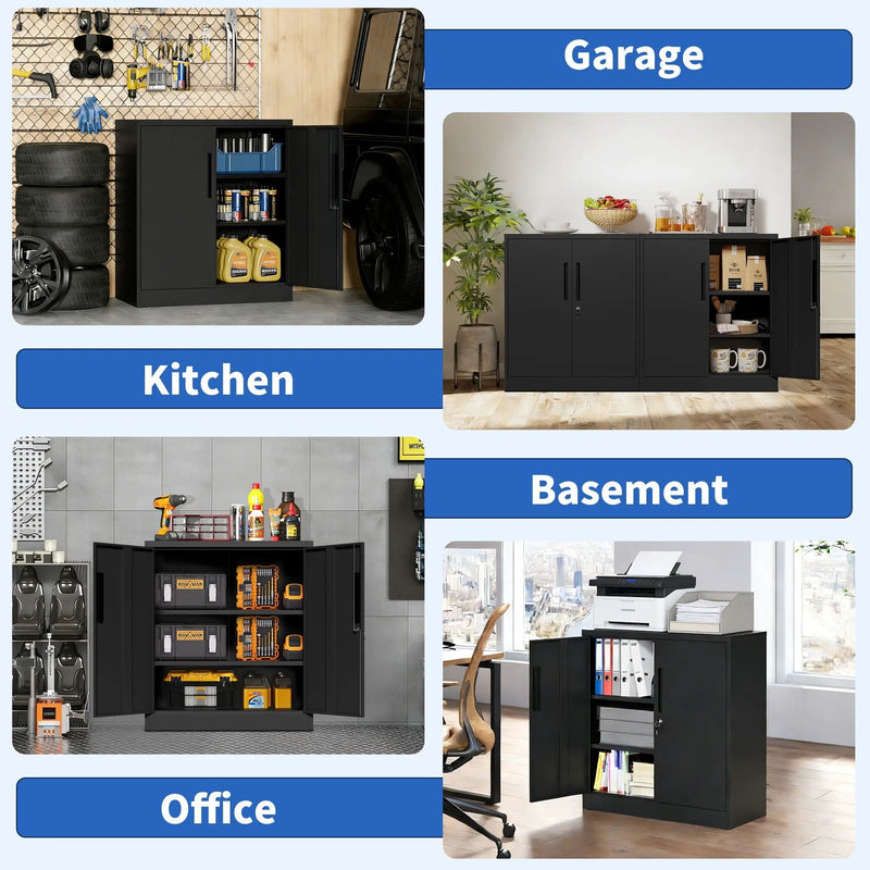 Heavy Duty Storage Cabinet With Lock, 2 Door File Cabinet With 2 Adjustable Shelves - Black by Unique Piece Furniture