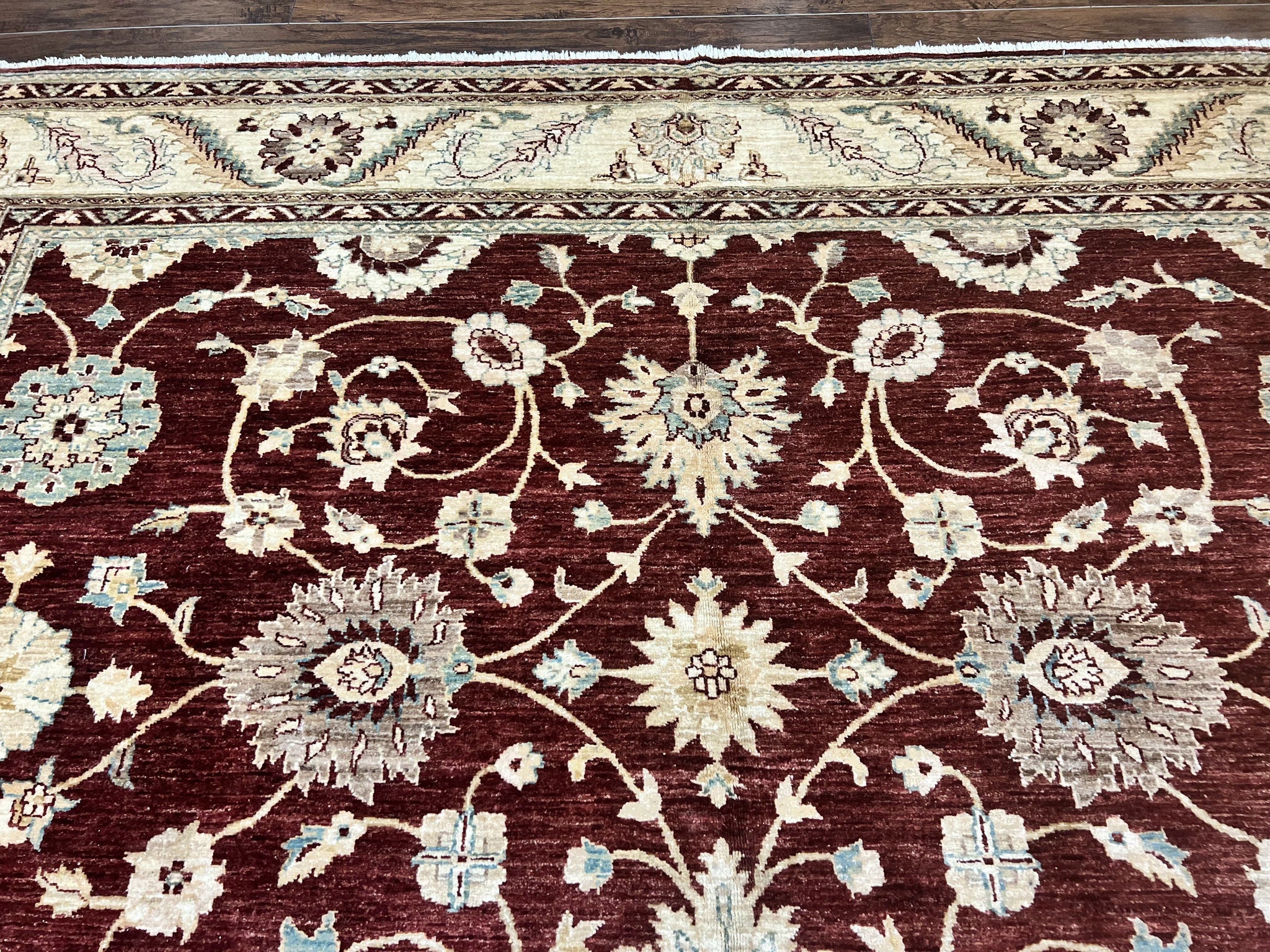 Peshawar Rug 9x11, Pakistani Oriental Carpet, Maroon and Beige, Floral Allover, Wool Hand Knotted Handmade Vintage Rug by Jewel Rugs