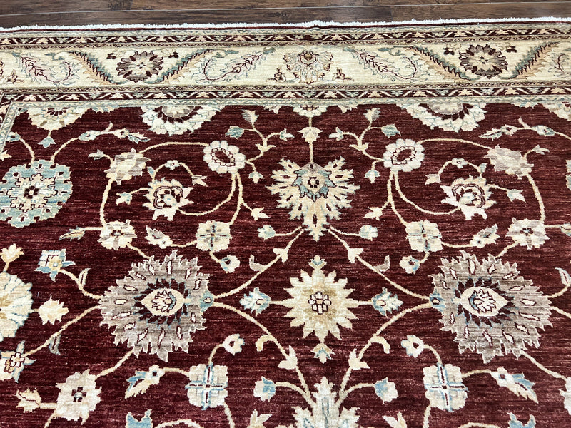 Peshawar Rug 9x11, Pakistani Oriental Carpet, Maroon and Beige, Floral Allover, Wool Hand Knotted Handmade Vintage Rug by Jewel Rugs