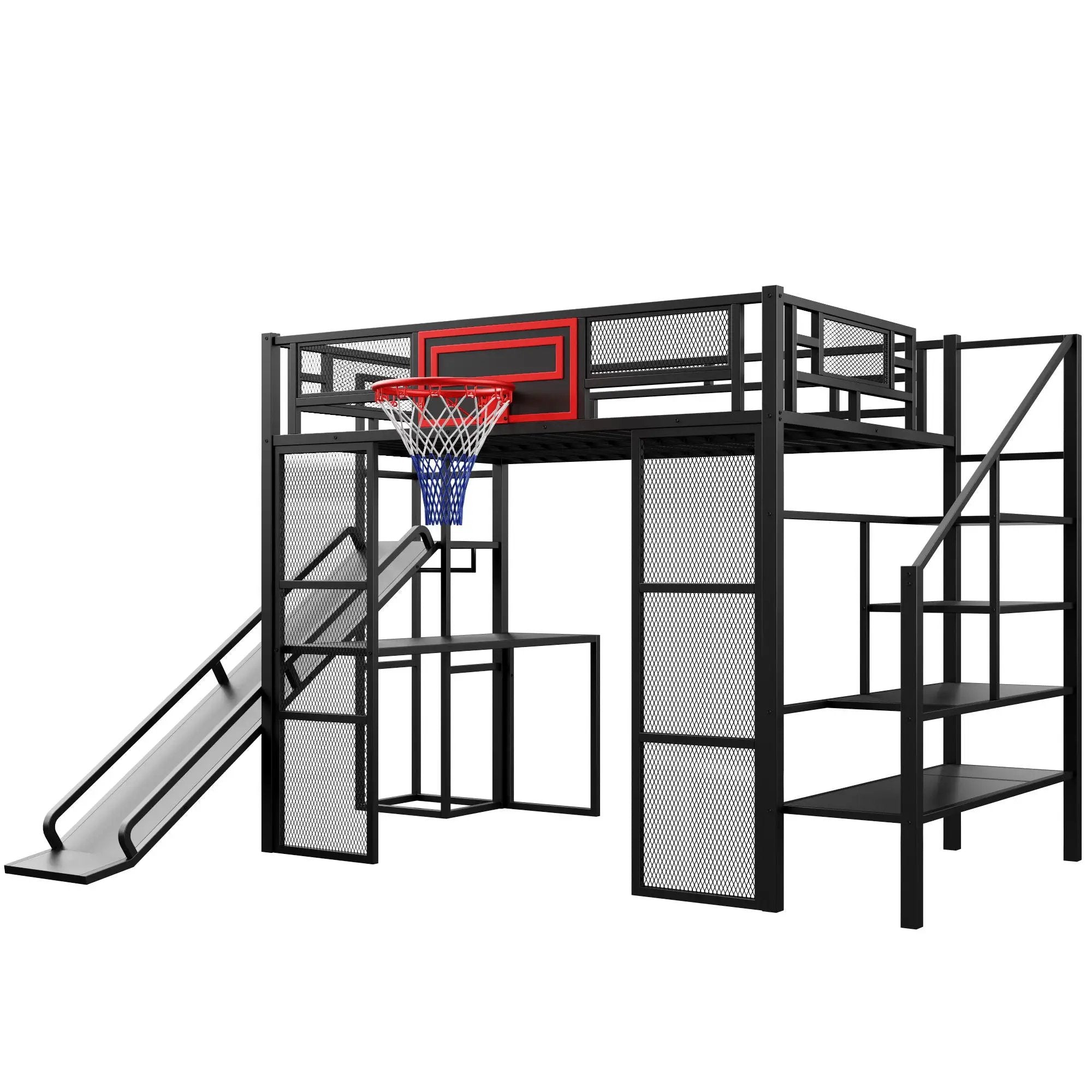 Loft Bed With Built In Desk, Open Wardrobe, Basketball Hoop, Slide And Staircase by Unique Piece Furniture