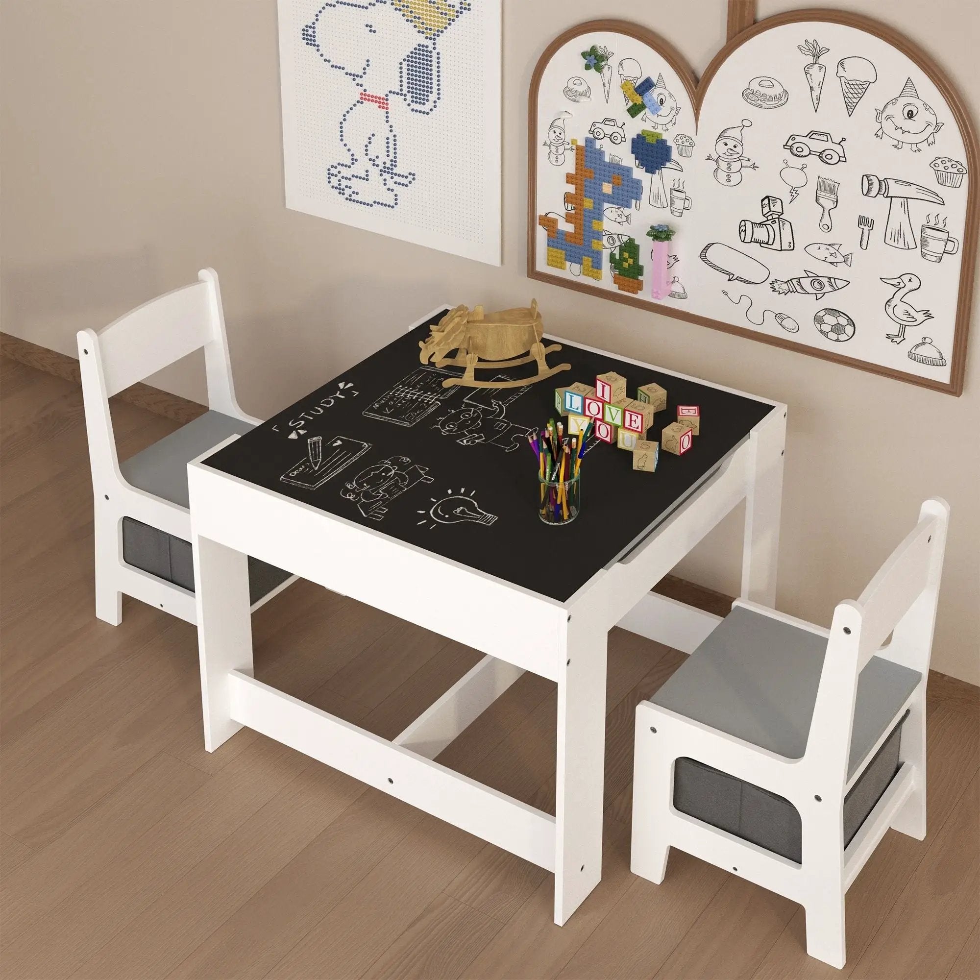 Kids Table And Chair Set, 3 In 1 Activity Table With Storage Drawer For Toddlers Drawing, Reading, Crafts, 2 In 1 Detachable Top - White by Unique Piece Furniture