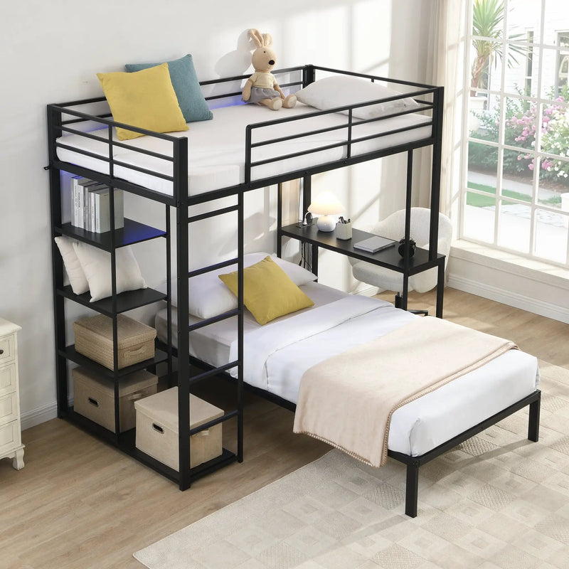 Metal Loft Bed Frame with LED Light Strip, Side Storage Shelves & Built-in Desk by HouseOfZazla
