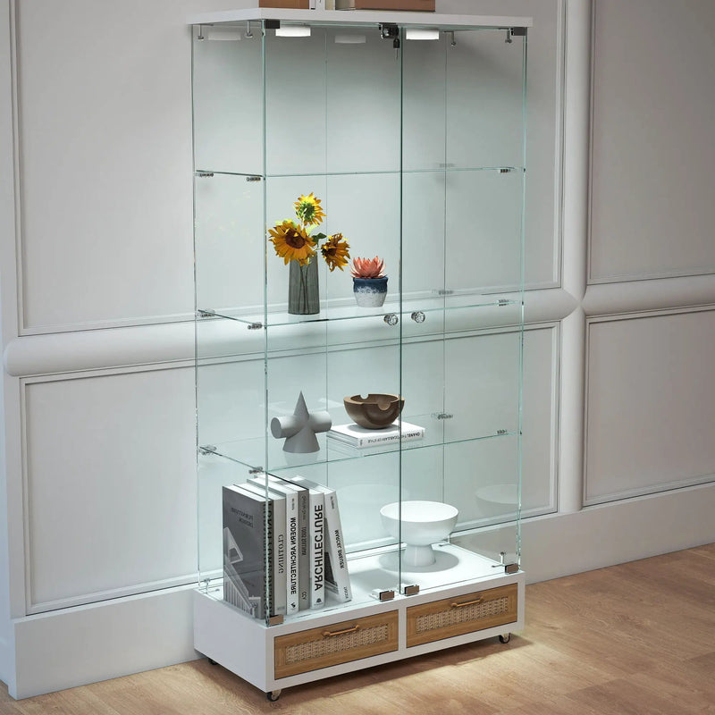 Glass Display Cabinet With LED Lights, Tempered Glass Doors, Large Drawers, 2 Door Storage Case With 4 Shelves - Natural / White by HouseOfZazla