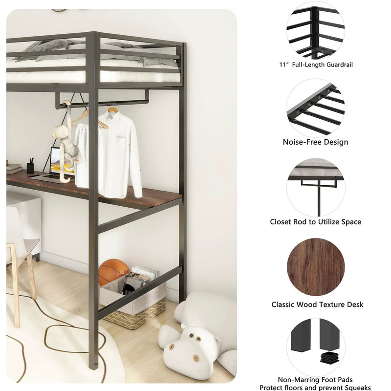 Adam - Twin Loft Bunk Bed With Cinnamon Wood Desk And Closet Rod - Black by Unique Piece Furniture