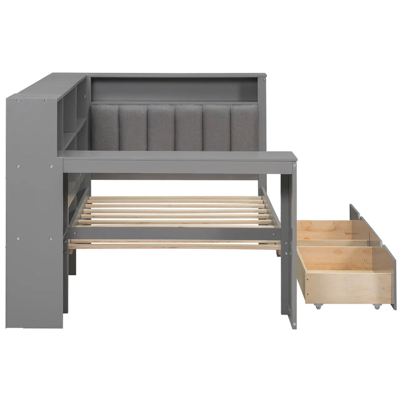 Platform Bed With Upholstered Headboard, Storage Shelves, Drawers, Charging Station, LED Lighting, Built In Desk by HouseOfZazla