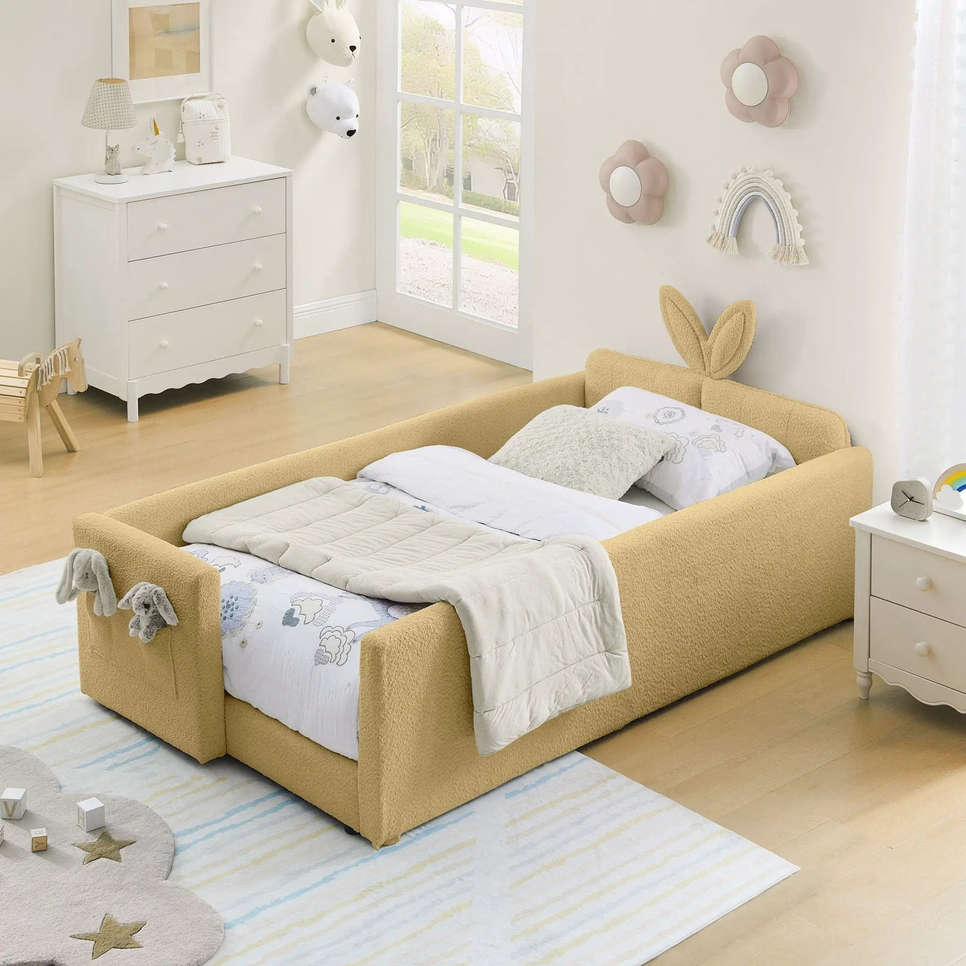 Cute Rabbit Ear Upholstered Platform Bed Frame With Safety Rail by HouseOfZazla