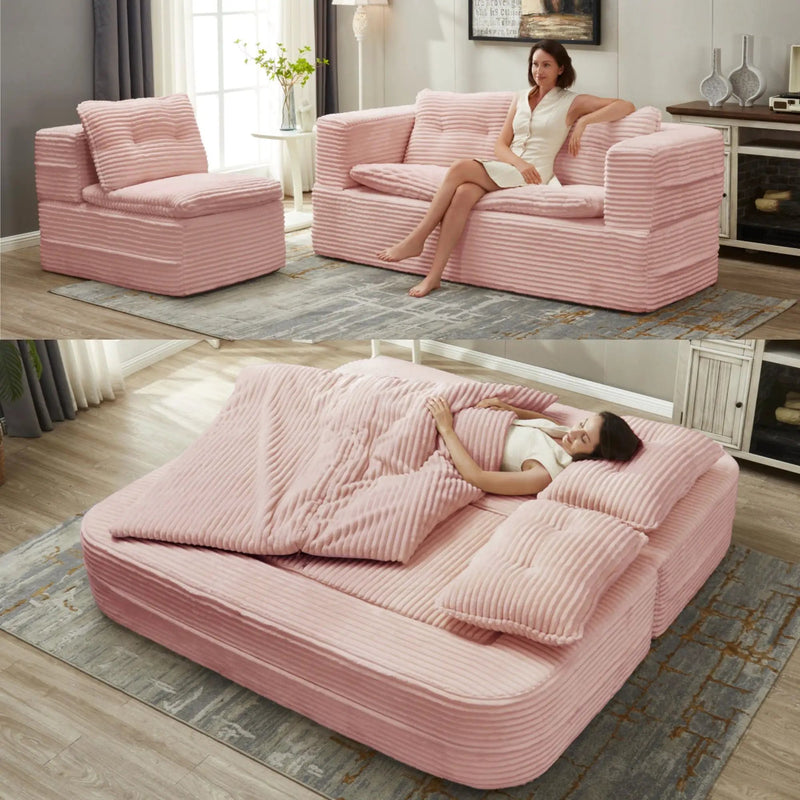 Multi Functional Sectional Sofa Bed With Independent Chaise Lounge And Functional Blanket, Convertible King Size Bed, Deep Seat - Baby Pink by HouseOfZazla
