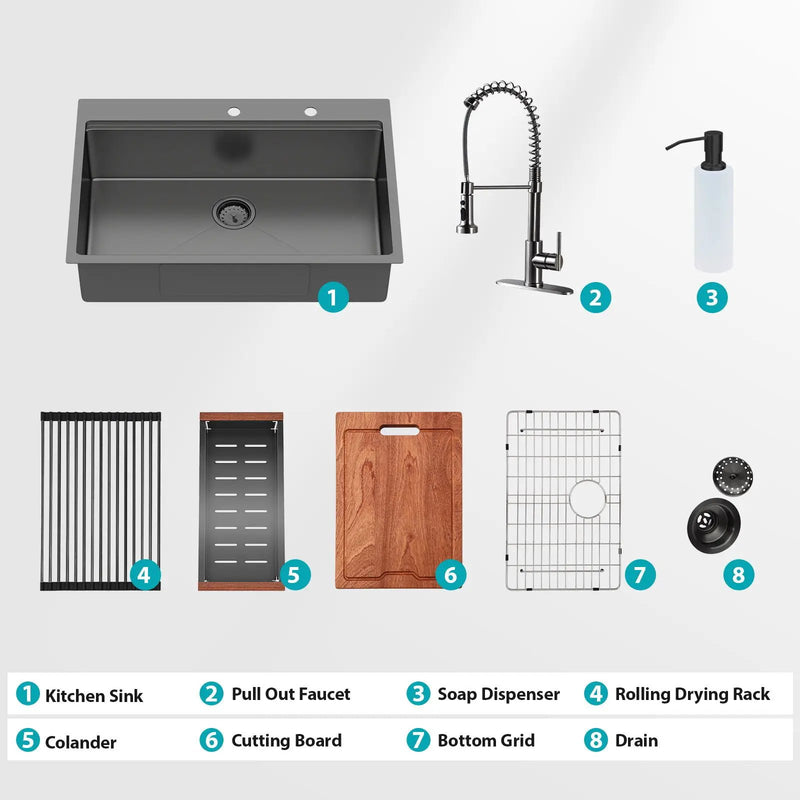 Drop In Kitchen Sink With Pull Out Faucet And Soap Dispenser, Single Bowl Topmount Sink - Gunmetal Black by HouseOfZazla