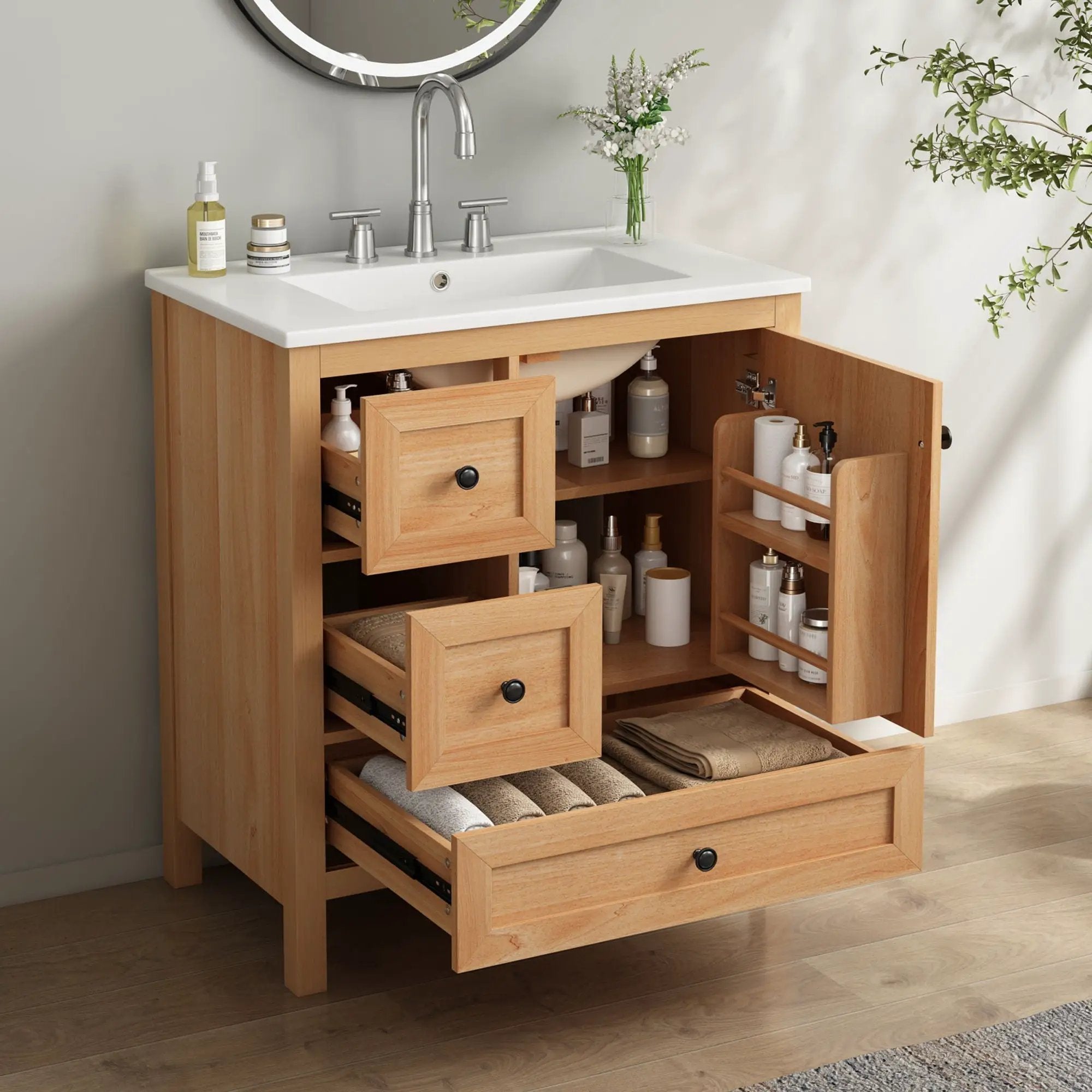 Modern Bathroom Vanity With Sink, Soft Close Drawers & Door, Storage Rack by HouseOfZazla