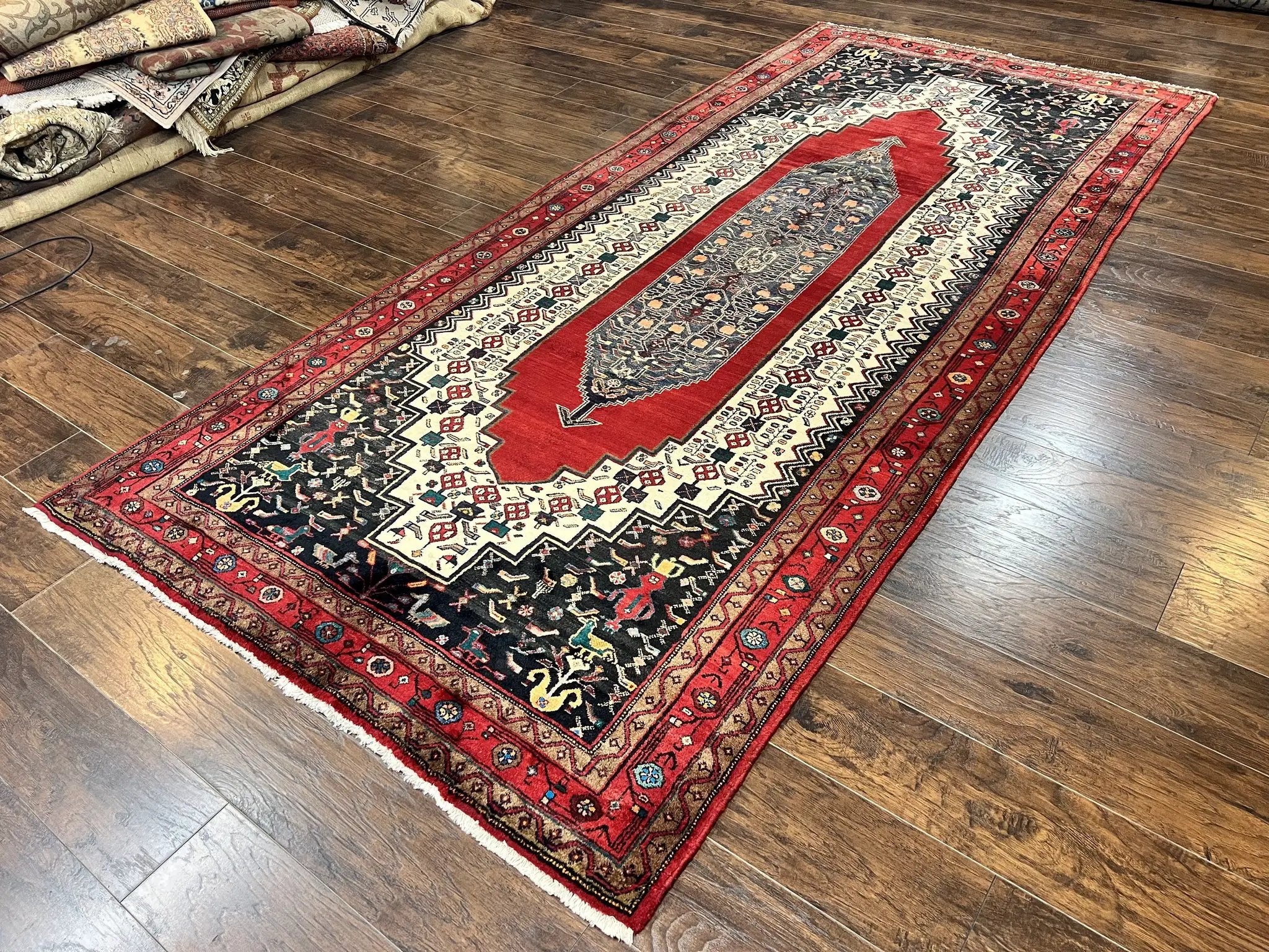 Persian Rug 5x12 ft, Red Cream Navy Blue, Pictorials, Hand Knotted Handmade Wide Runner Tribal Bidjar Semi Antique Wool Geometric Oriental Rug by Jewel Rugs