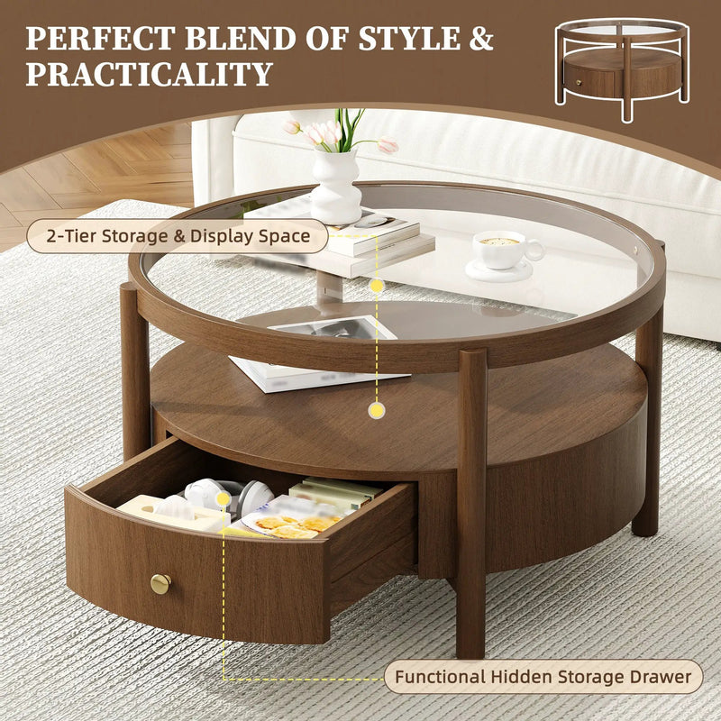 Solid Wood Round Glass Top Coffee Table with Storage Drawer by HouseOfZazla