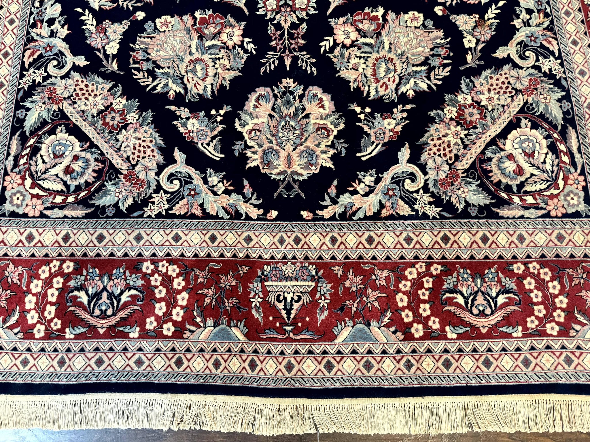 Sino Persian Rug 8x10, Floral Kirman Carpet, Navy Blue and Red, Floral Vases, Handmade Vintage Wool Carpet, 320 KPSI by Jewel Rugs